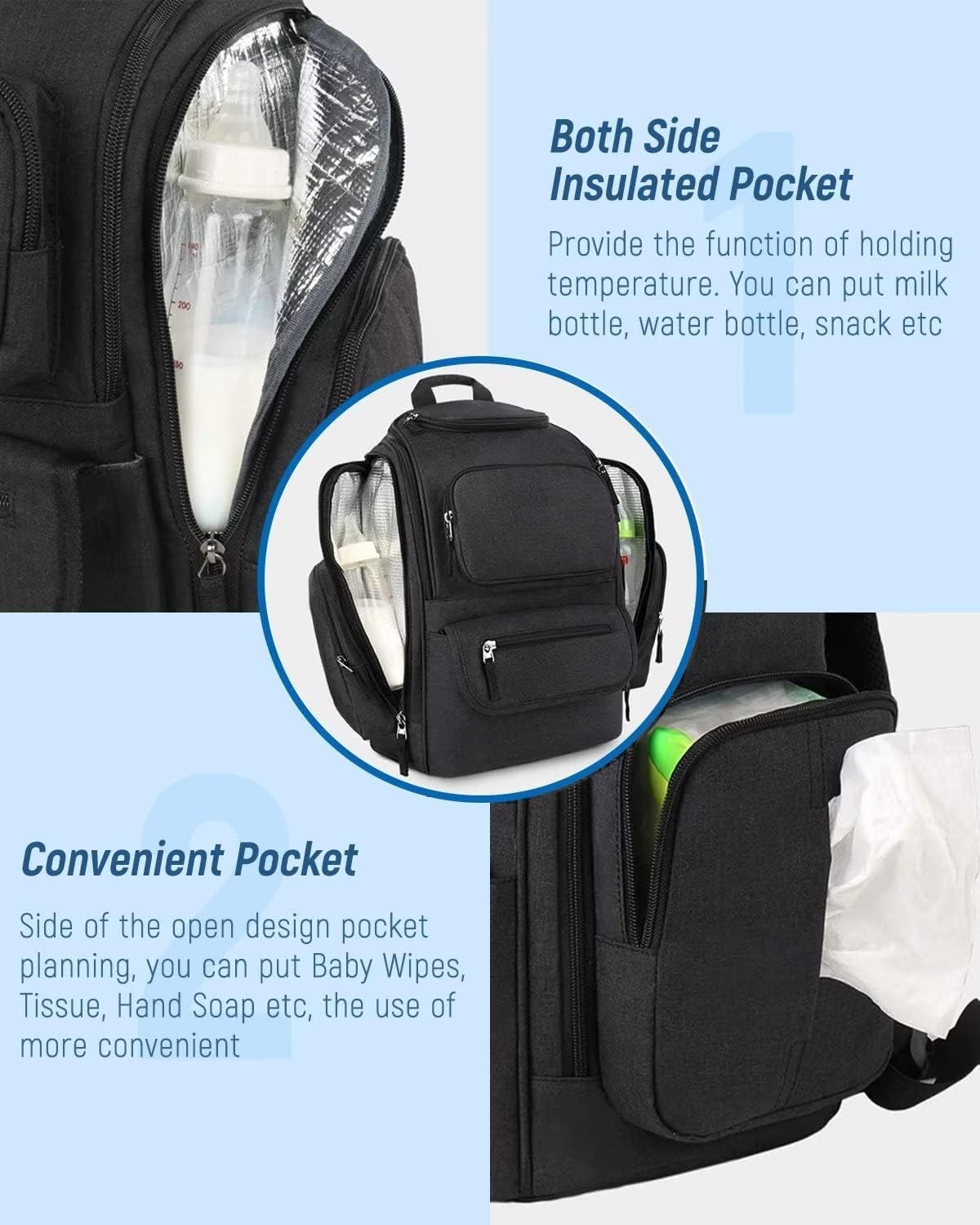 Mancro Diaper Bag Backpack, Multifunctional Dad with Large, Black