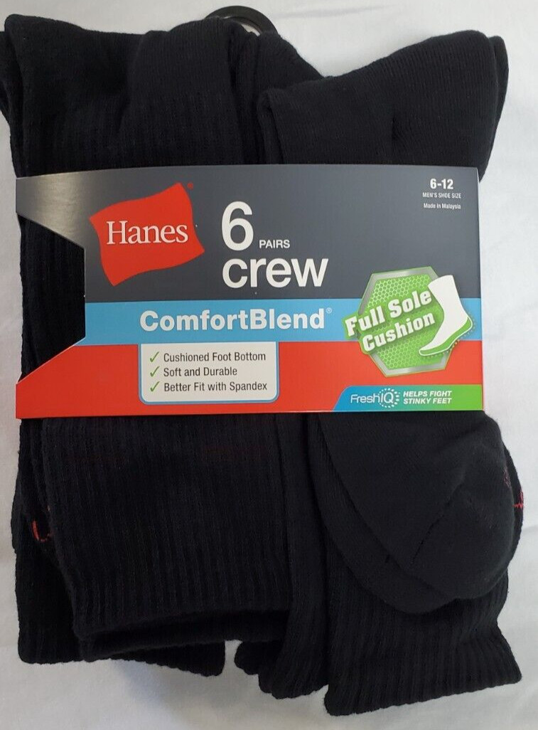 Hanes Men’s Crew Socks 6 Pair Comfort Blend Fresh IQ Full Sole Cushion Size 6-12