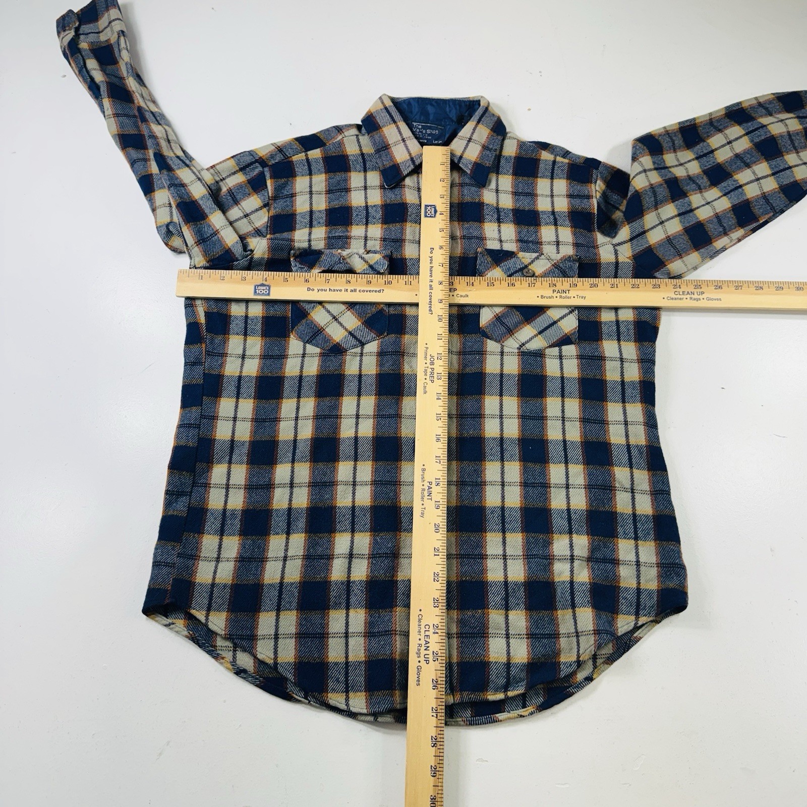 JC Penny Vintage Flannel Shirt 100% Acrylic Blue Beige Plaid Men’s Size Large