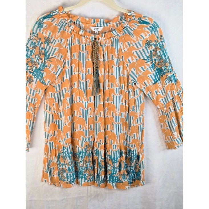 Crown & Ivy Orange Elephant Print Embroidered Peasant Blouse XS Teal Stripe