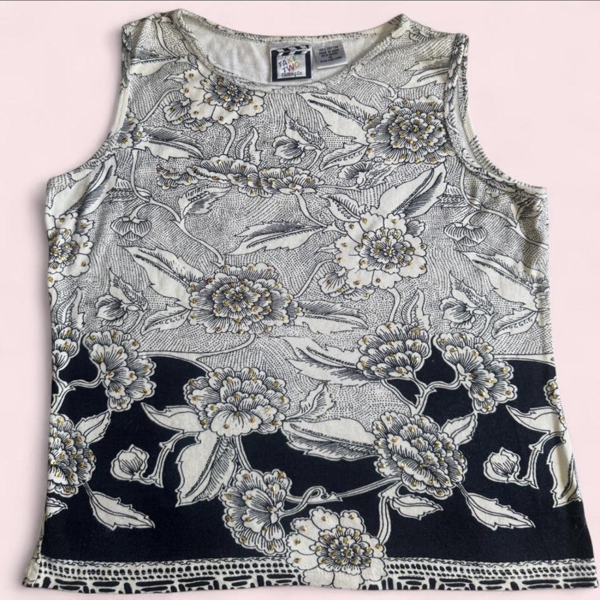 Take Two Clothing Co. White & Black Floral Tank Top w/ Gold Sequins Size Medium