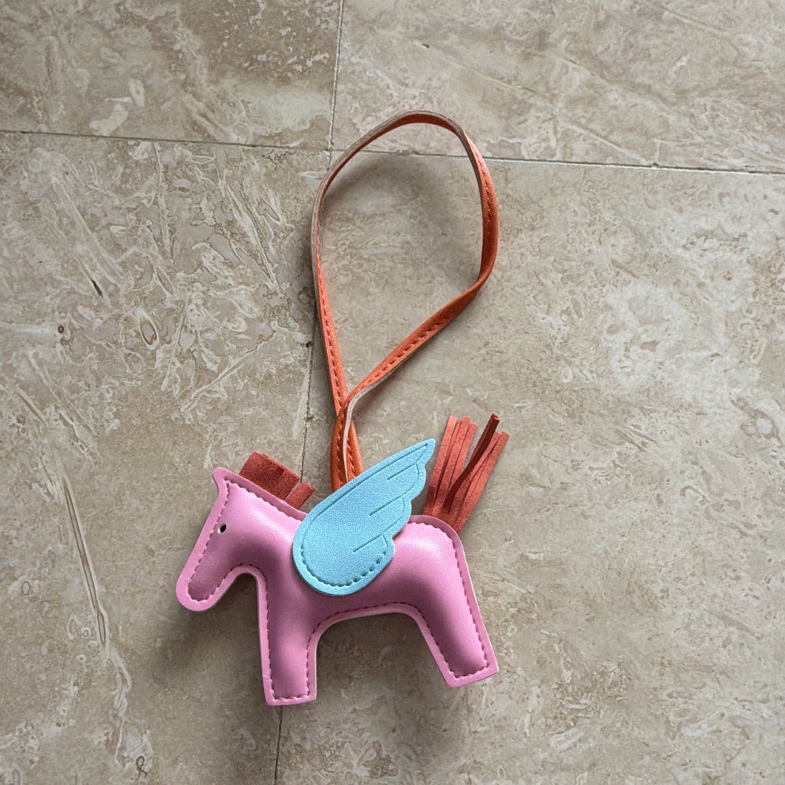Leather Horse Key Chain Charm – Pink Blue Wing, Orange Strap Tassel