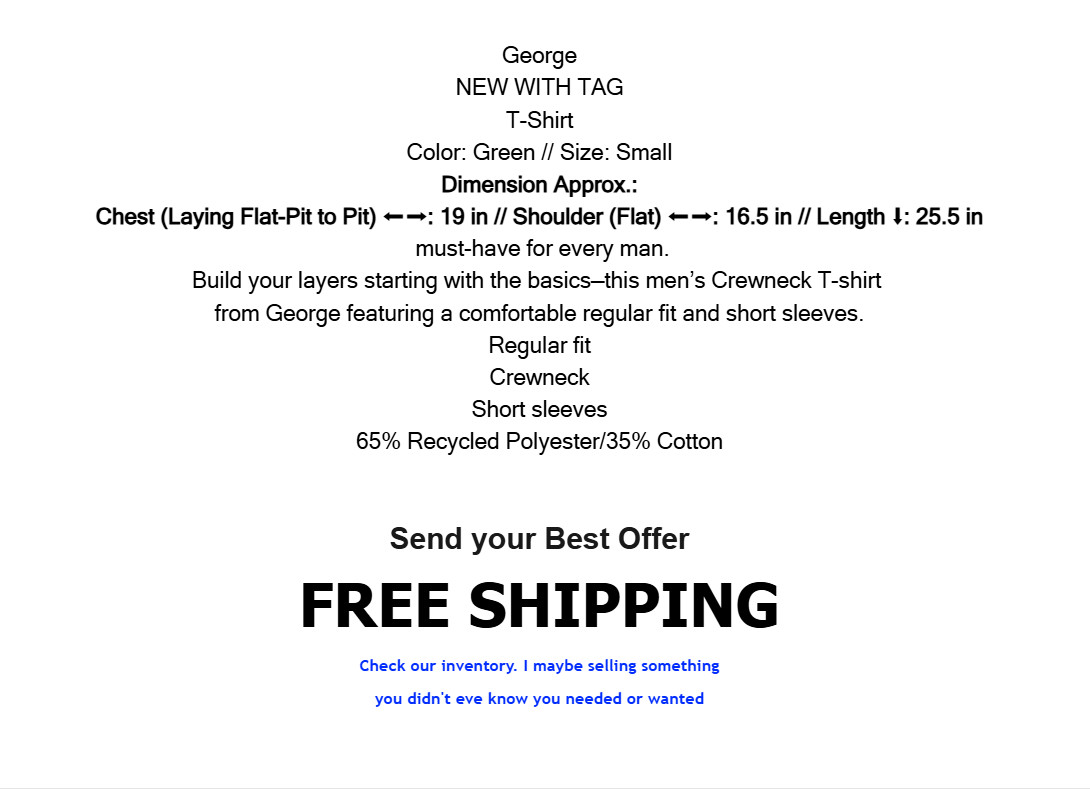 Men’s George T-Shirt Crew Neck Short Sleeve Regular Fit SMALL Green NEW