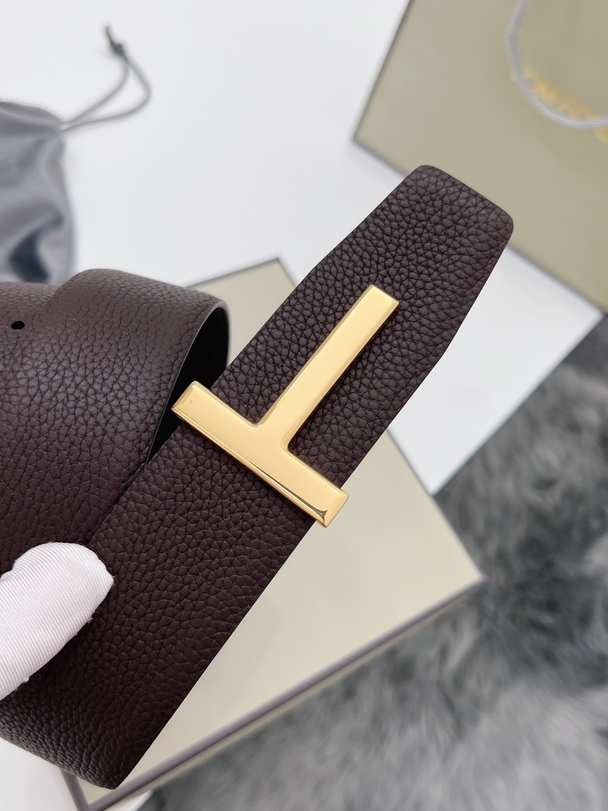 Tom Ford Belt Reversible Gold T-Buckle, Brown/Black Calfskin Leather