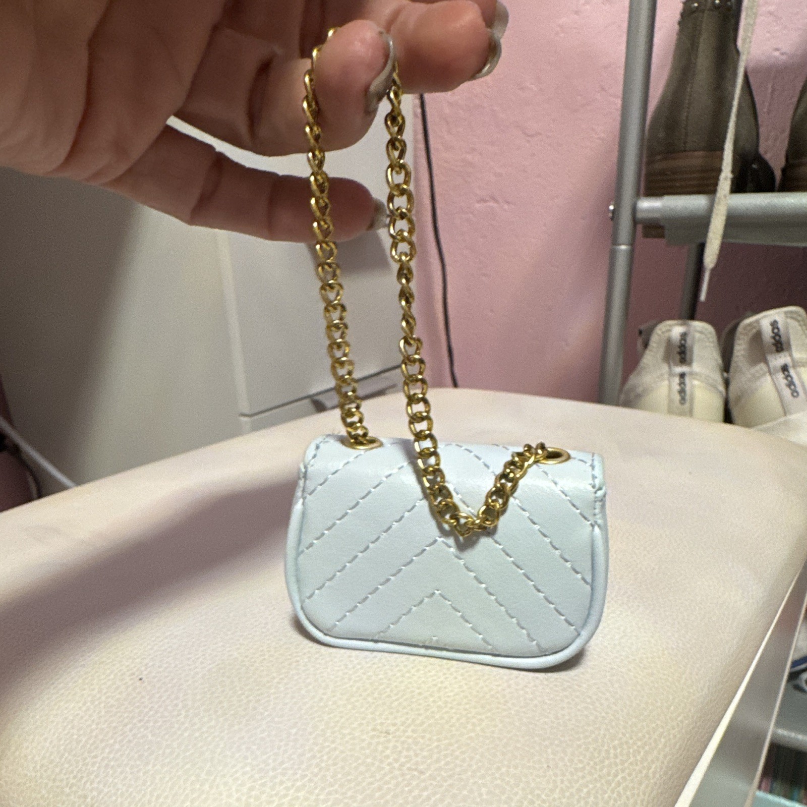 Mini Light Blue Chevron Quilted Crossbody Bag Gold Chain Flap Magnetic Detach