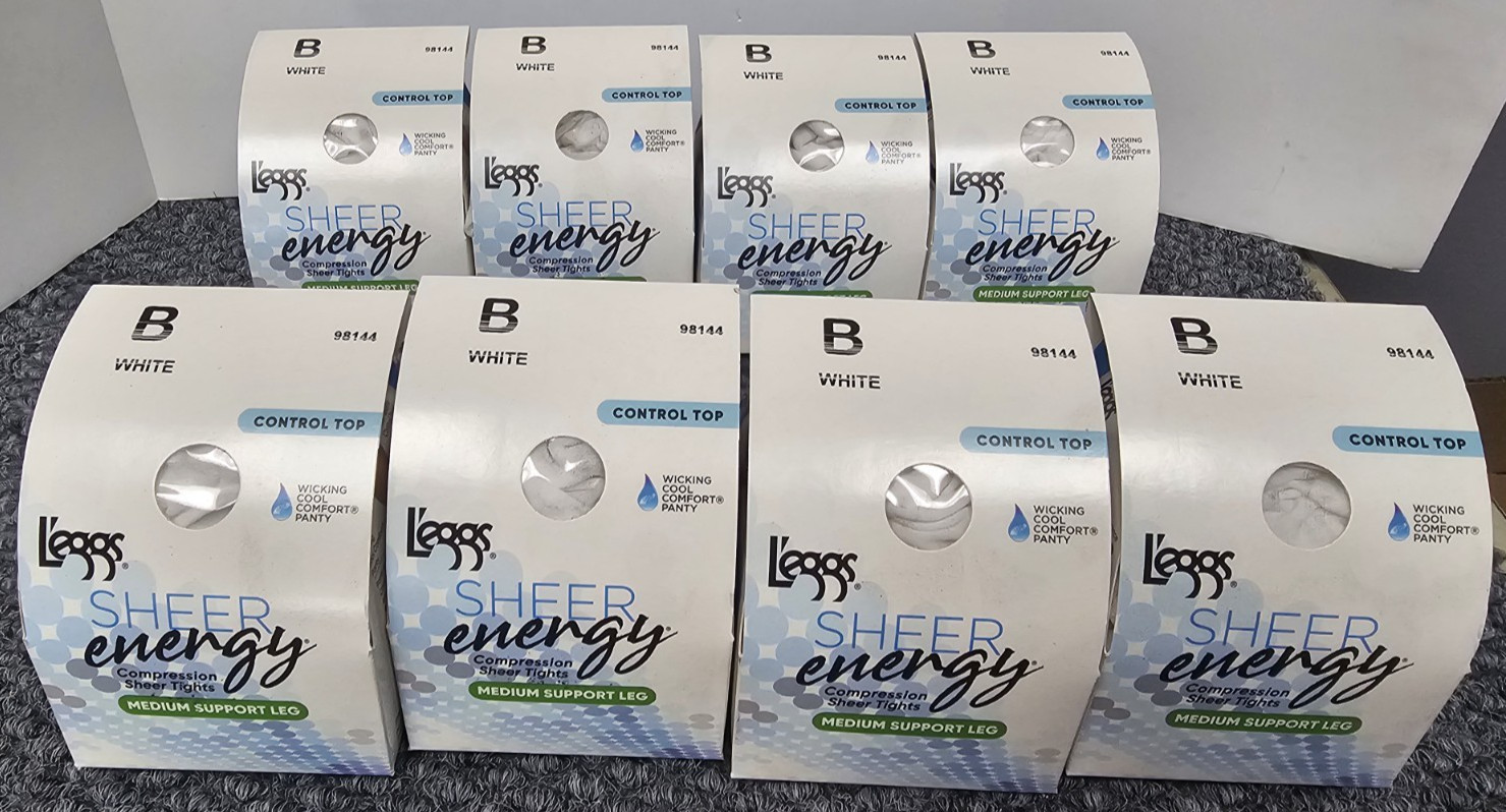 8X Leggs Sheer Energy Tights CONTROL TOP SIZE B – WHITE Sheer tights – 8 BOXES
