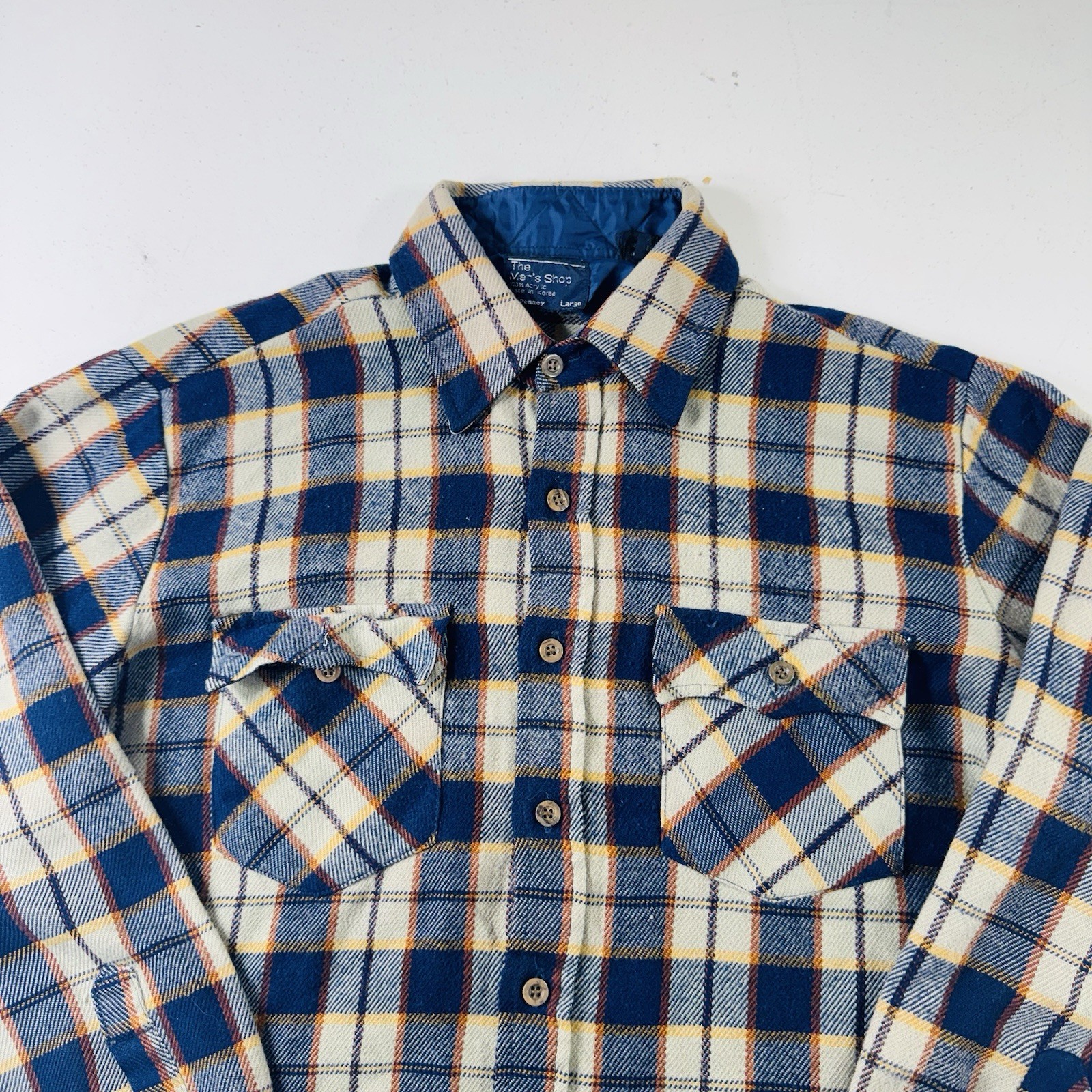 JC Penny Vintage Flannel Shirt 100% Acrylic Blue Beige Plaid Men’s Size Large
