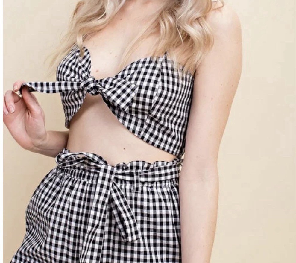 black and white checkered sexy crop top tie in the front