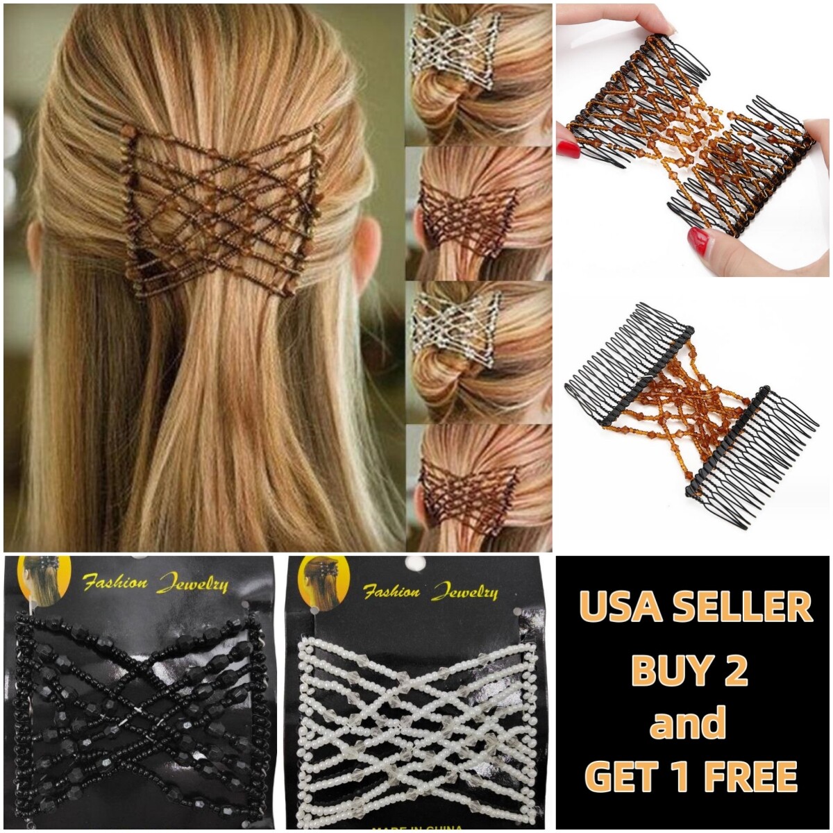 Women Elastic Beads Banana Clip Hairpin Stretch Magic Hair Comb Clip Accessories