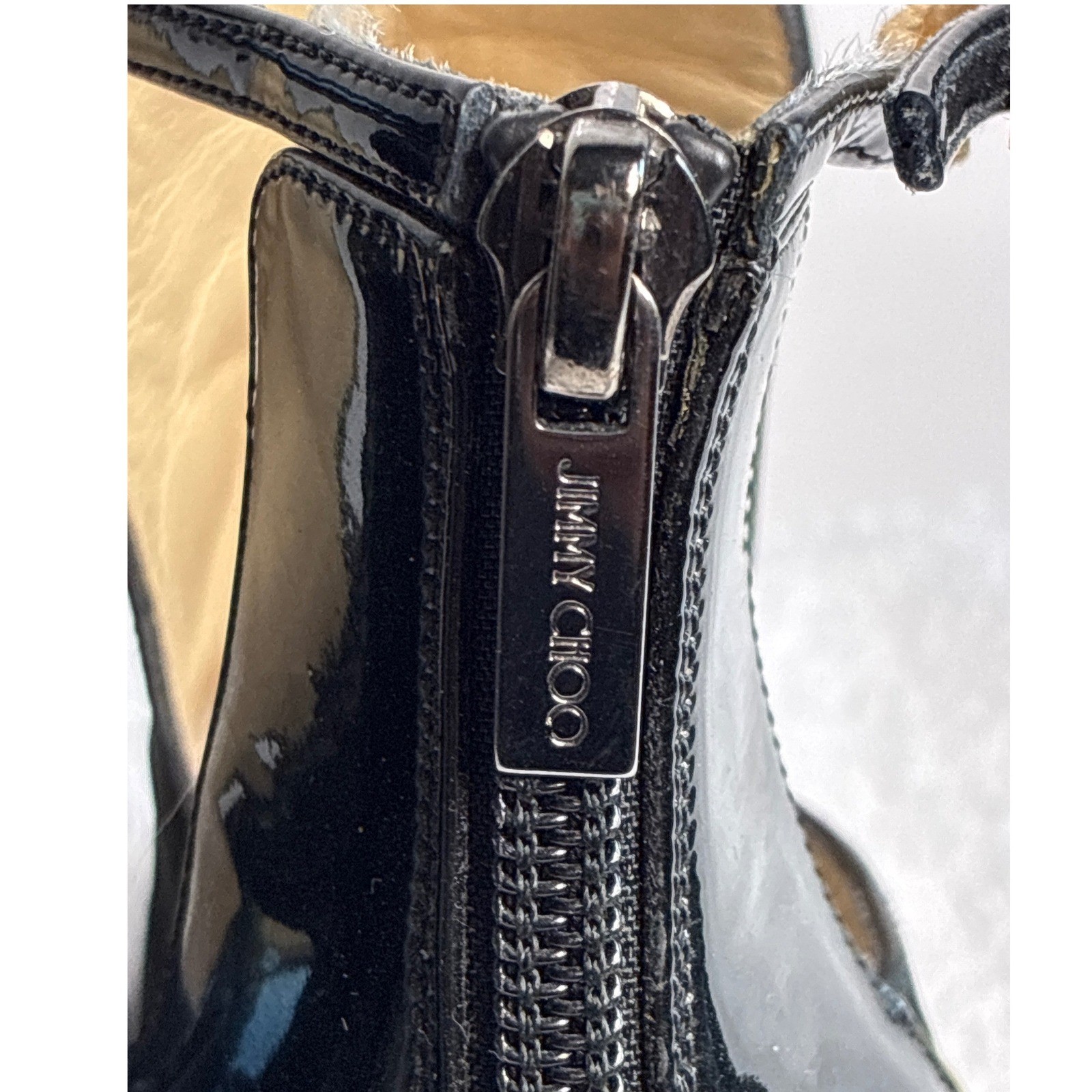 Jimmy Choo Black Suede Patent Leather Ankle Boots Heels Size 35 Made in Italy