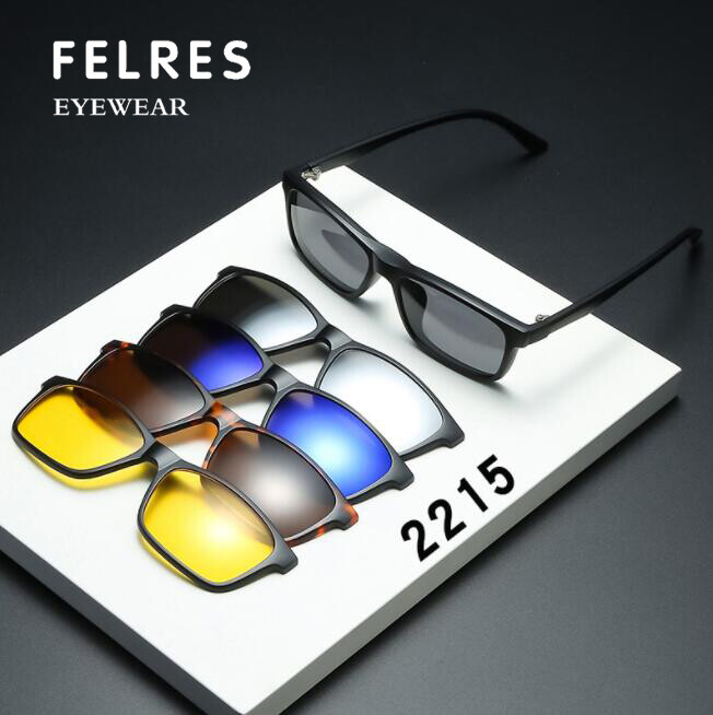 Eyeglasses Frame with 5pcs Magnetic Clip On Polarized Sunglasses Square Glasses