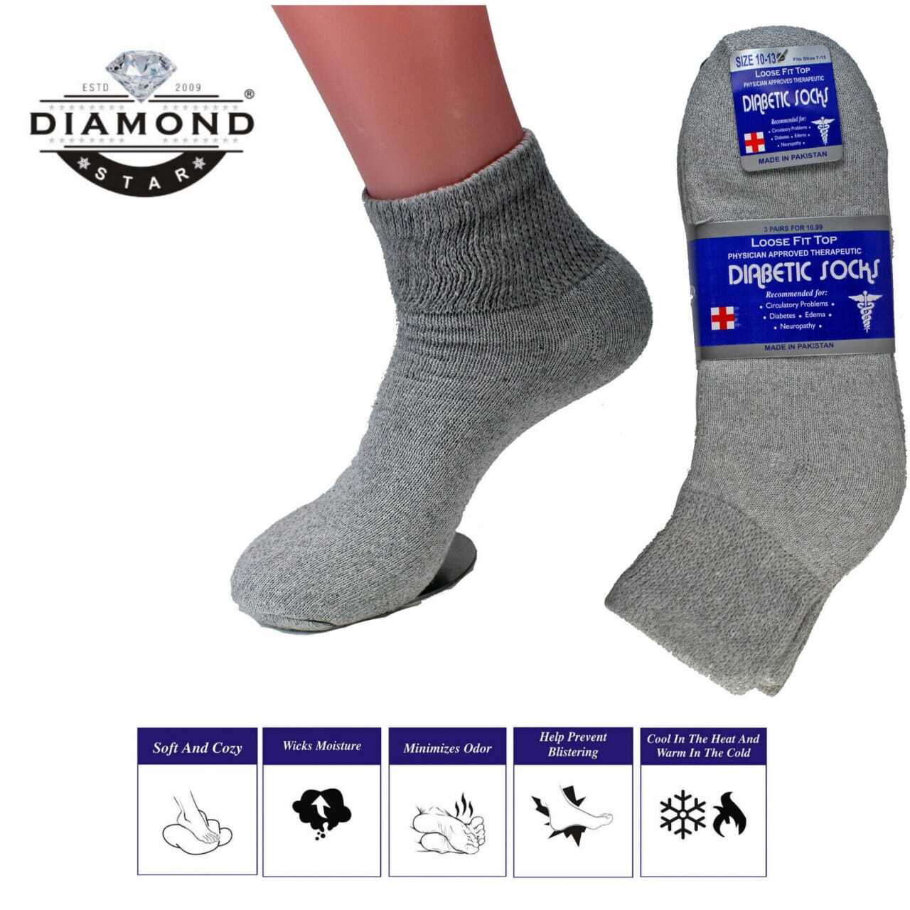 6 Pairs Grey Diabetic Ankle Quarter Crew Socks Circulatory Health Cotton Men