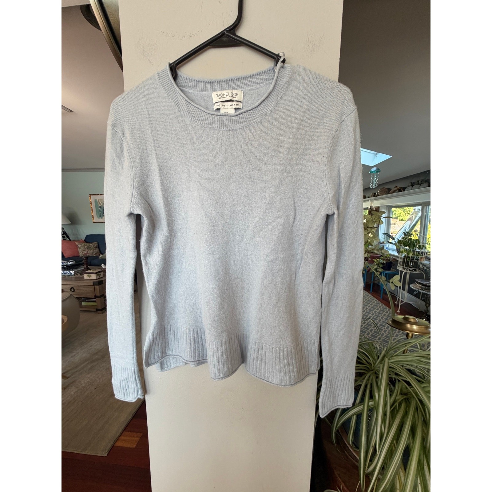 Rachel Zoe 100% Cashmere Sweater Medium Blue Crewneck Quiet Luxury Classic