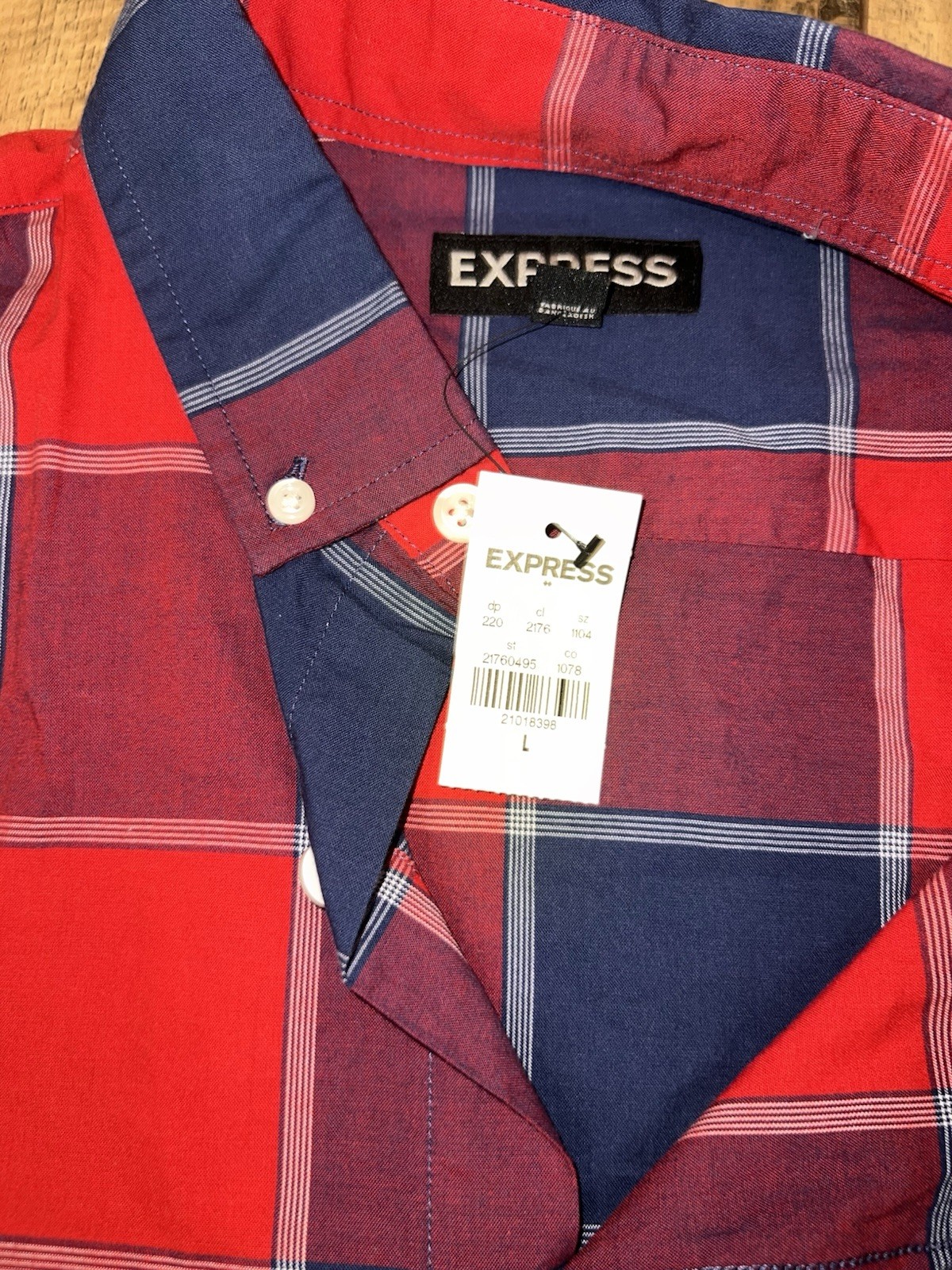 Express Men’s L Red Blue Plaid Button Down Shirt Long Sleeve Casual 100% Cotton