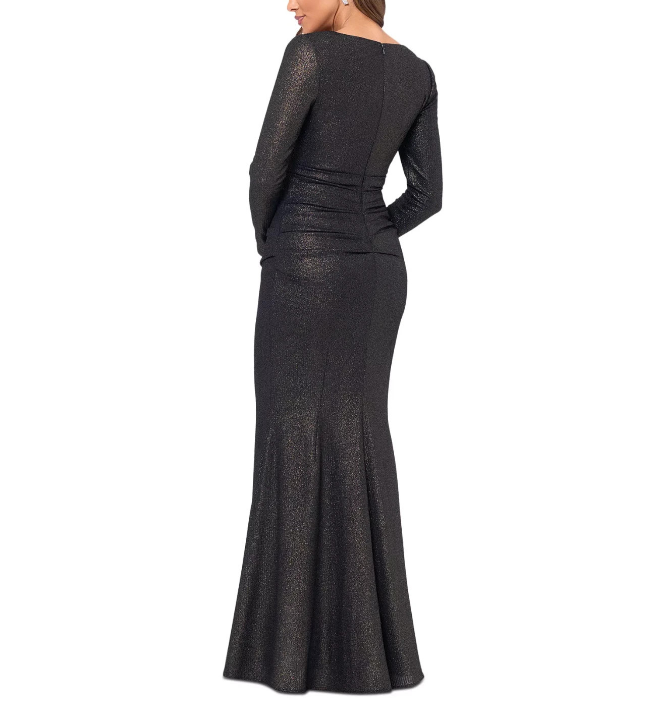 XSCAPE Ruched Foil-Knit Long-Sleeve Gown MSRP $269