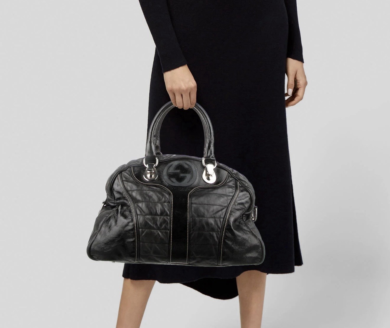 Auth. GUCCI SOFT PATENT LEATHER Bowler’ Snow Glam Handbag-SEE PICS/READ DESCRPTN