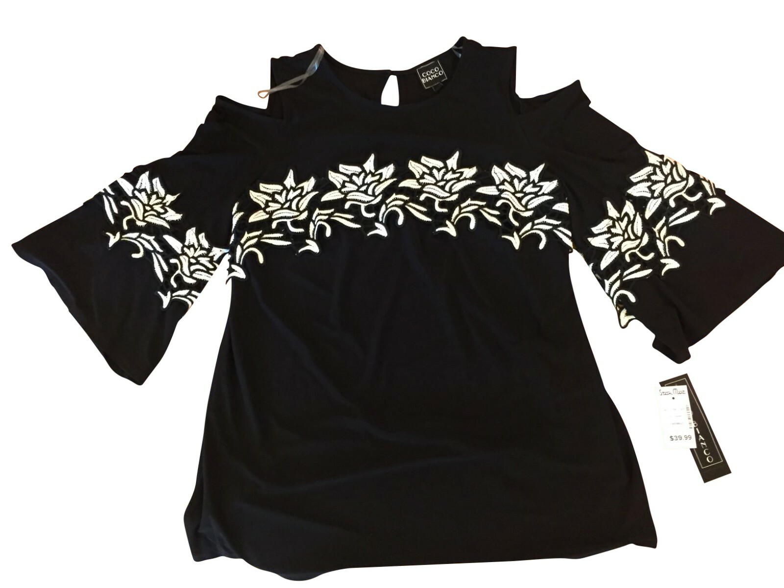 COCO BIANCO S-M-L-XL COLD SHOULDER BELL SLEEVE TOP WITH EMBROIDERY BLACK NWT
