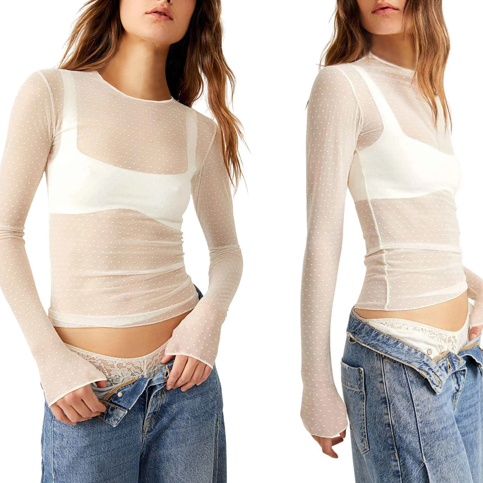 Women Long Sleeve T-shirt Casual Crew Neck Dots See-through Slim Fit Sheer Tops