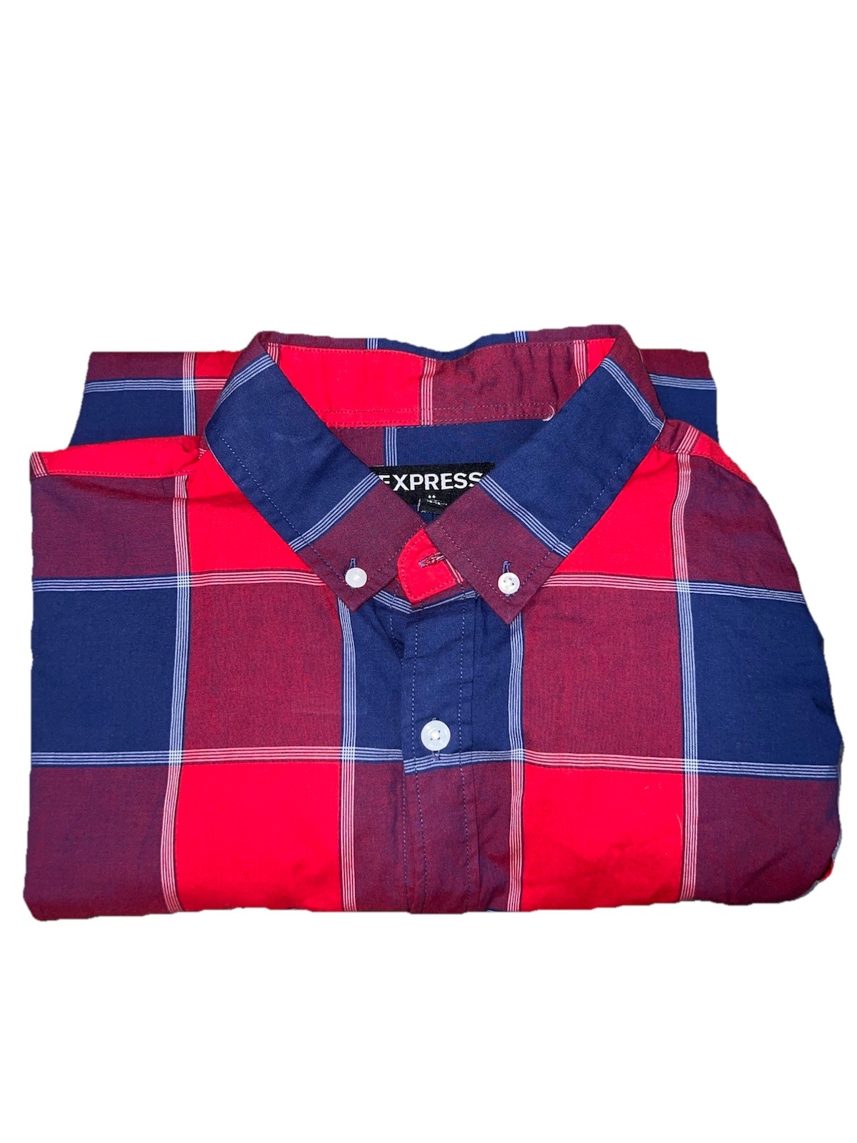 Express Men’s L Red Blue Plaid Button Down Shirt Long Sleeve Casual 100% Cotton