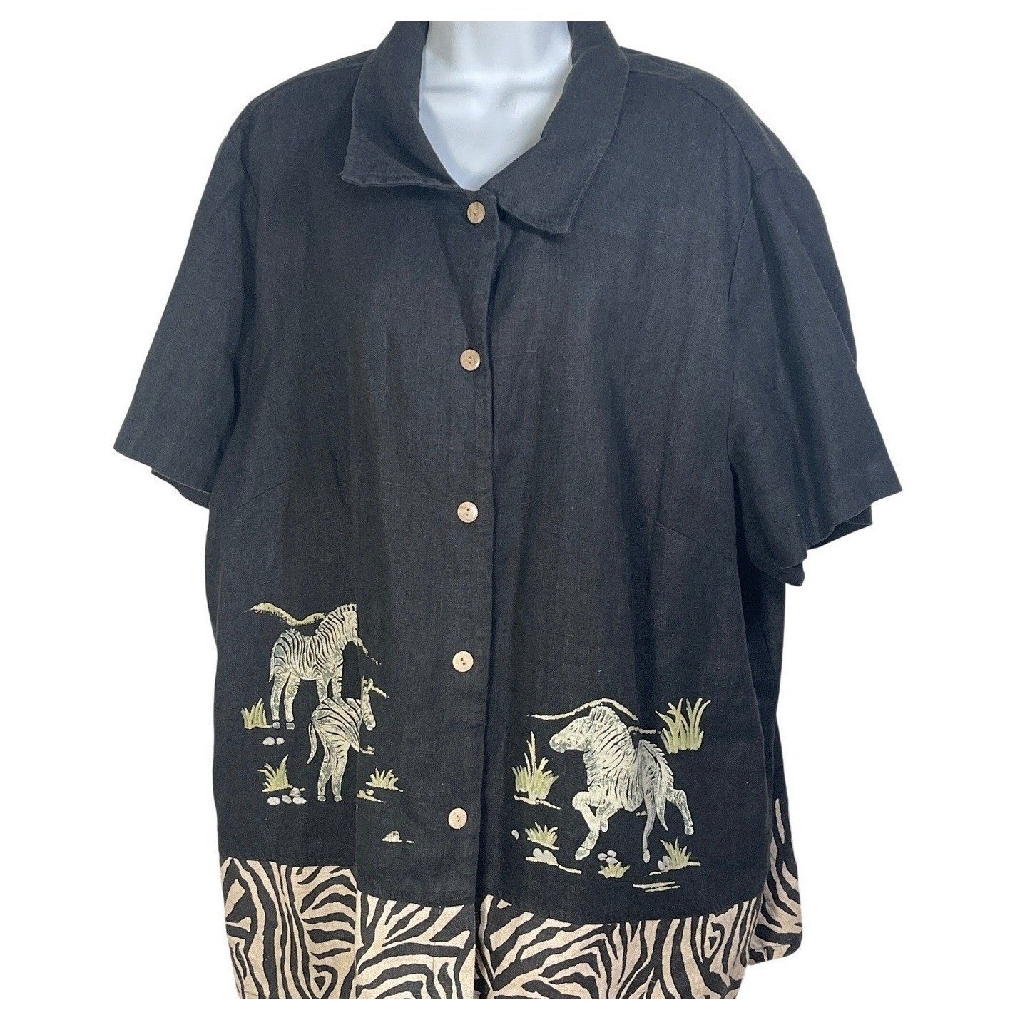 Black Linen Zebra Print Animal Safari Button Top 24W earthy festival wildlife