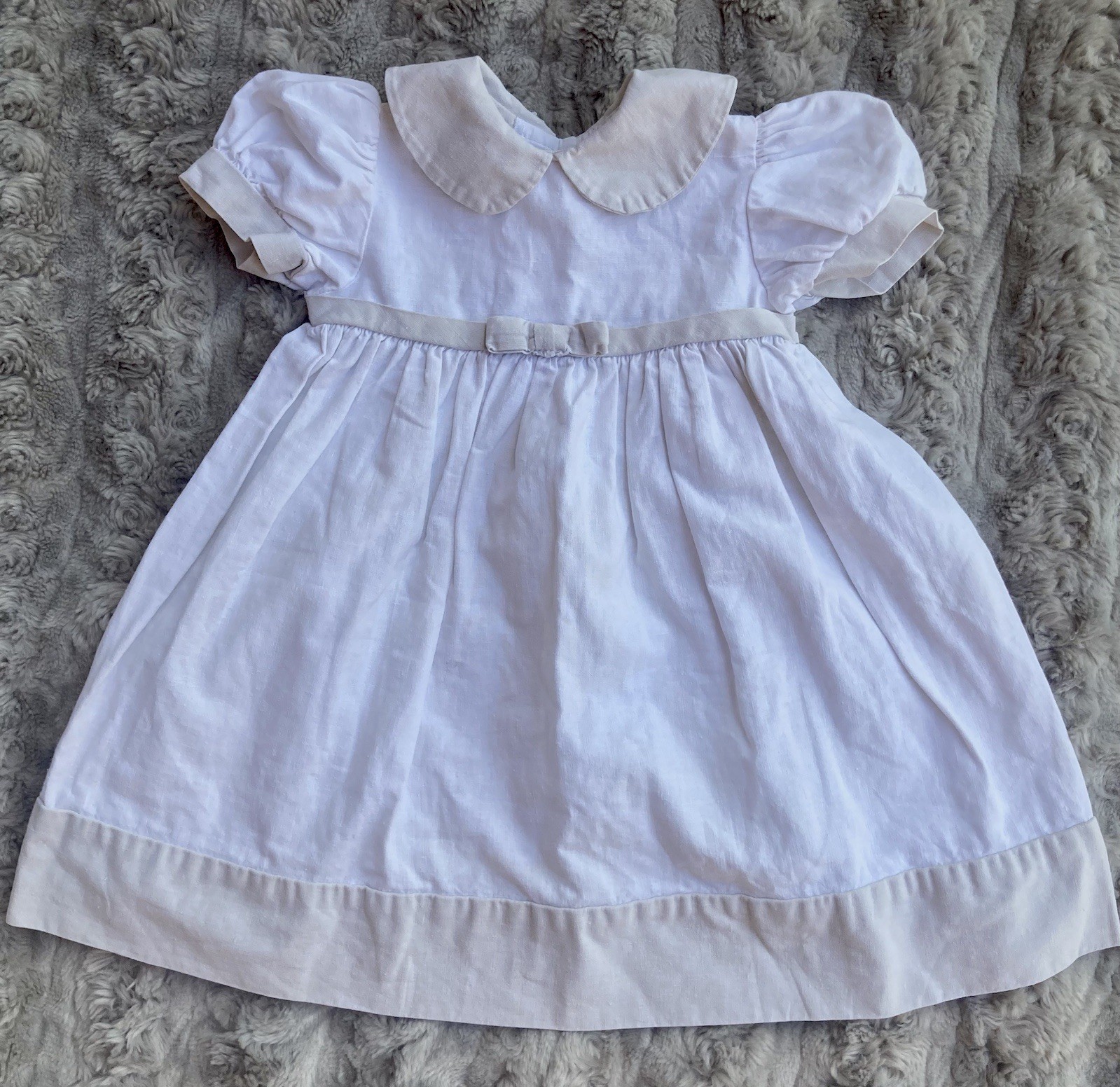 Vintage Jo Lene White Linen Blend Toddler Dress 2T Peter Pan Collar/Puff Sleeve