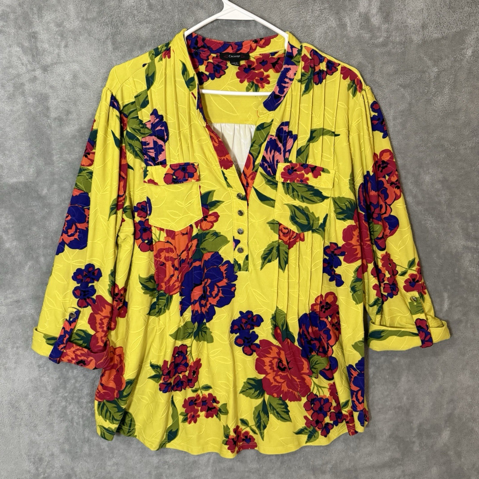 Cocomo Woman Top Large L Yellow Floral Tropical Roll Tab Sleeve Popover Blouse