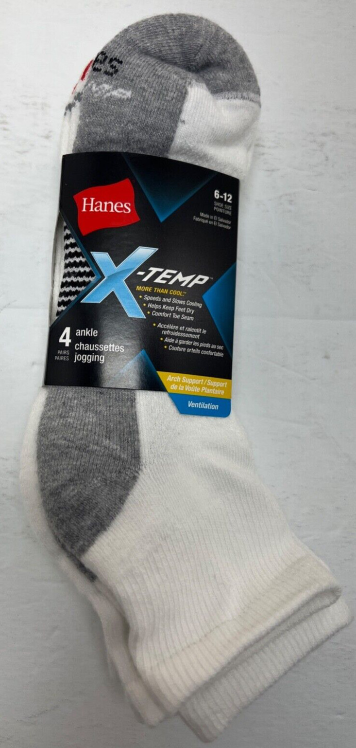 1 pack Hanes 4 Pair X-TEMP MENS ANKLE SOCKS White & Black White Stripe SIZE 6-12