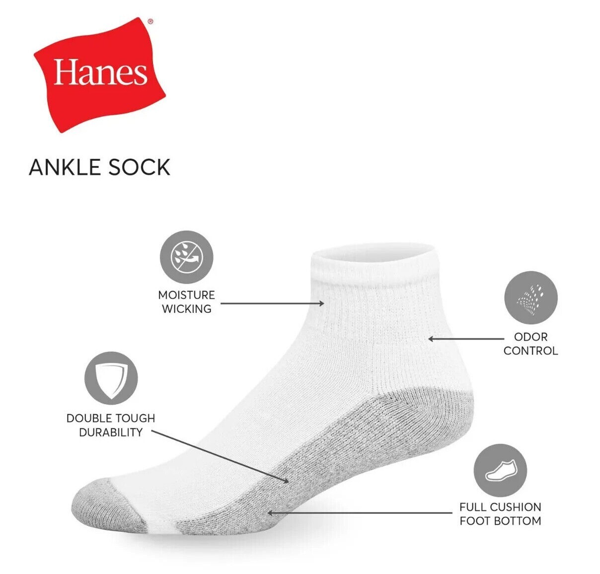 Hanes Men’s Cushion Ankle Socks, Size 6-12, 6-Pack, Black White