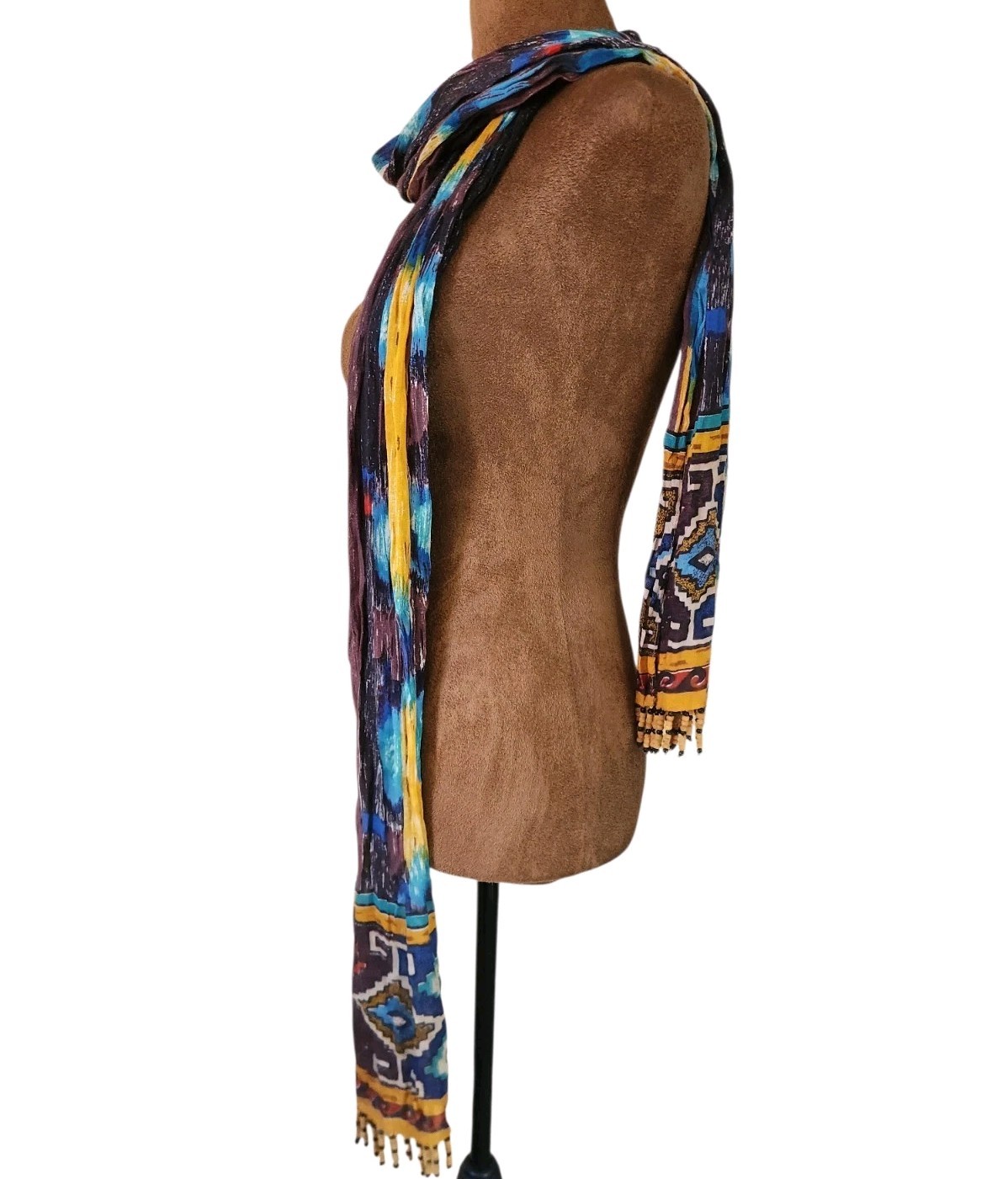 Bohemian Aztec Scarf Blue Yellow Beaded Fringe Multifunctional Long Lightweight