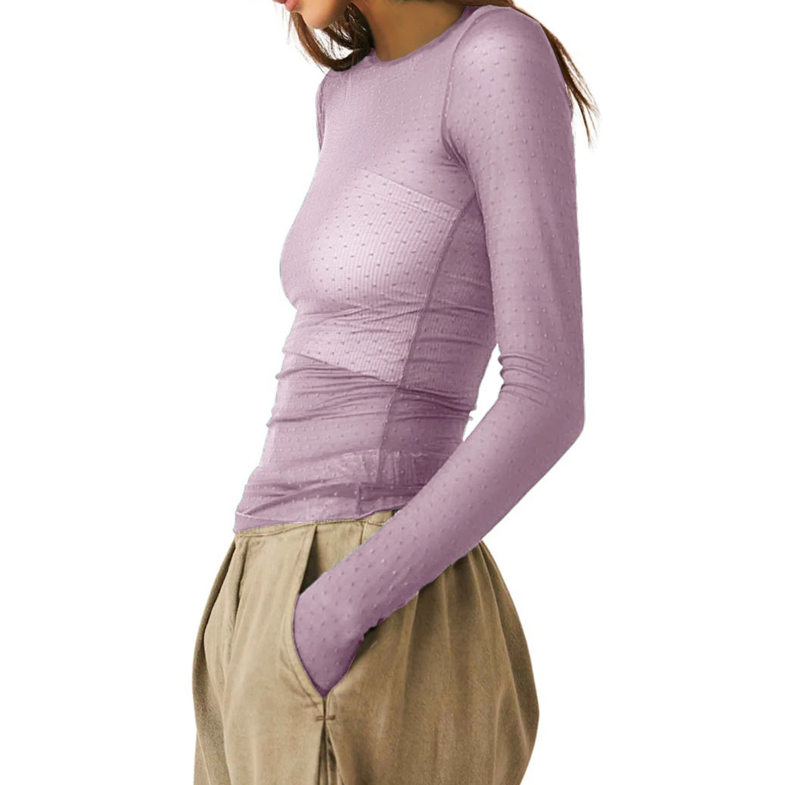 Women Long Sleeve T-shirt Casual Crew Neck Dots See-through Slim Fit Sheer Tops