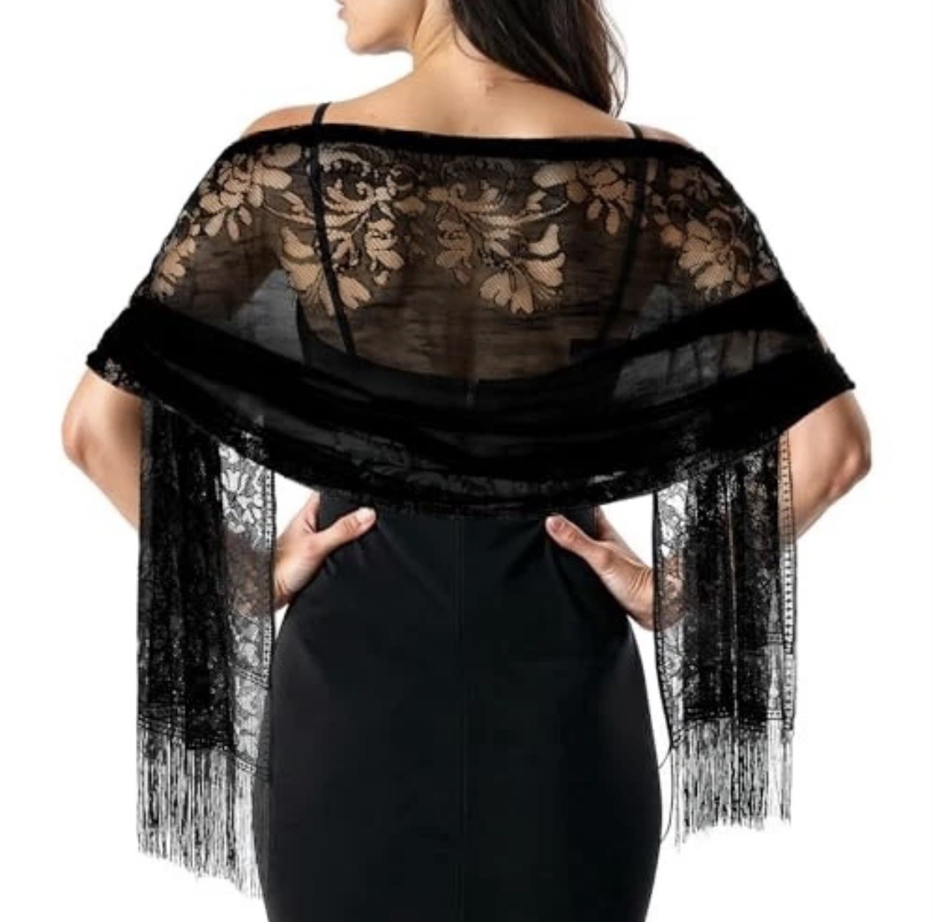 Black Floral Lace Wrap Scarf Shawl with Tassels Multifunctional
