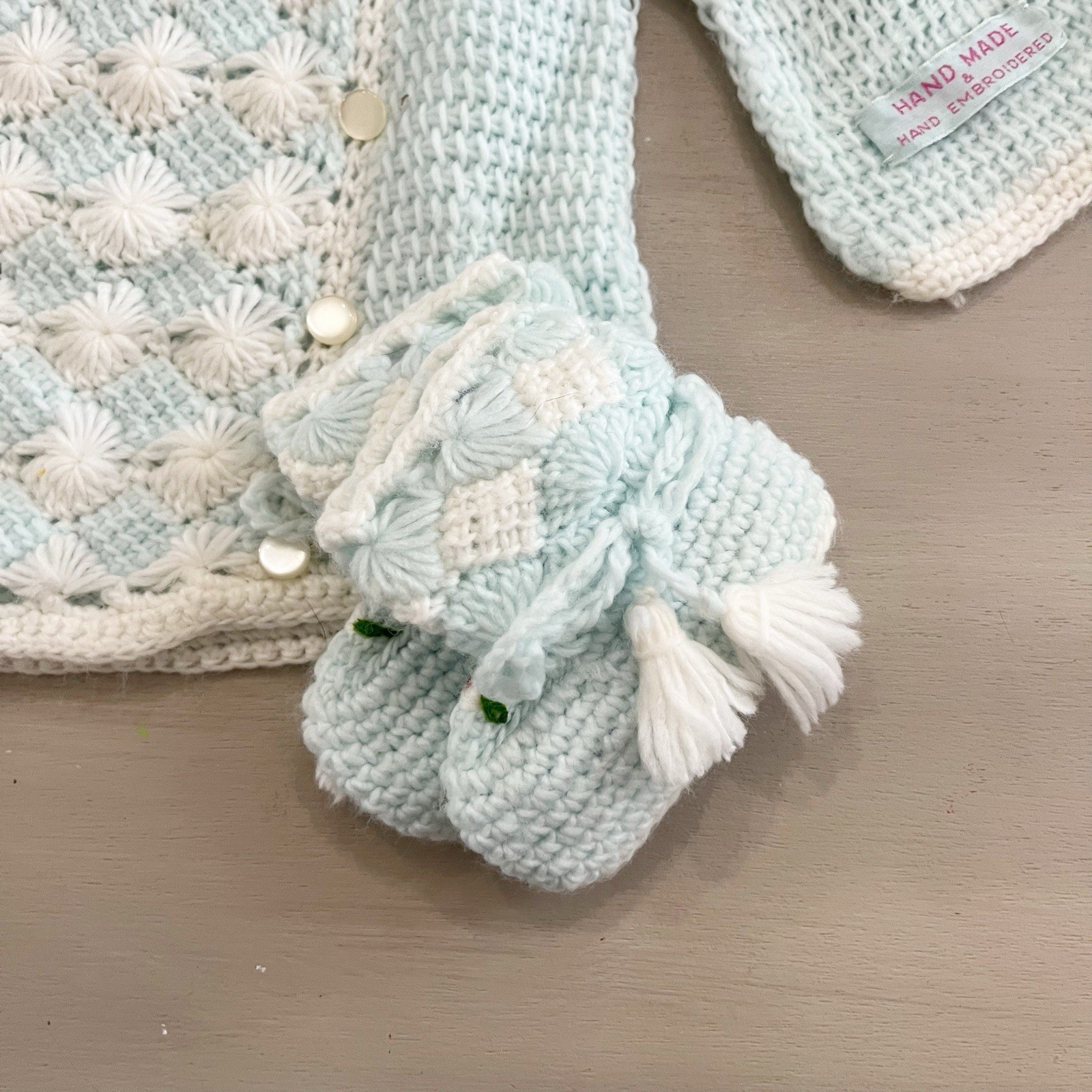 Vintage Handmade in Republic of Korea Baby Sweater Booties Set Blue Knit Crochet