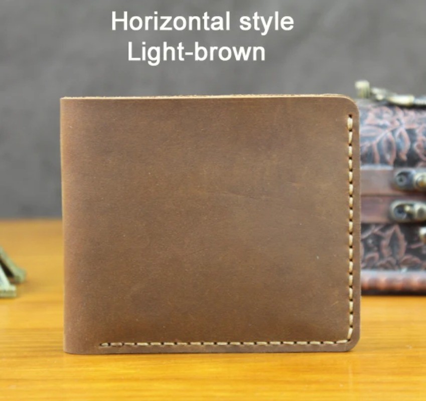 Handmade Vintage Crazy Horse Genuine Leather Men’s Short Wallet for Money Clip