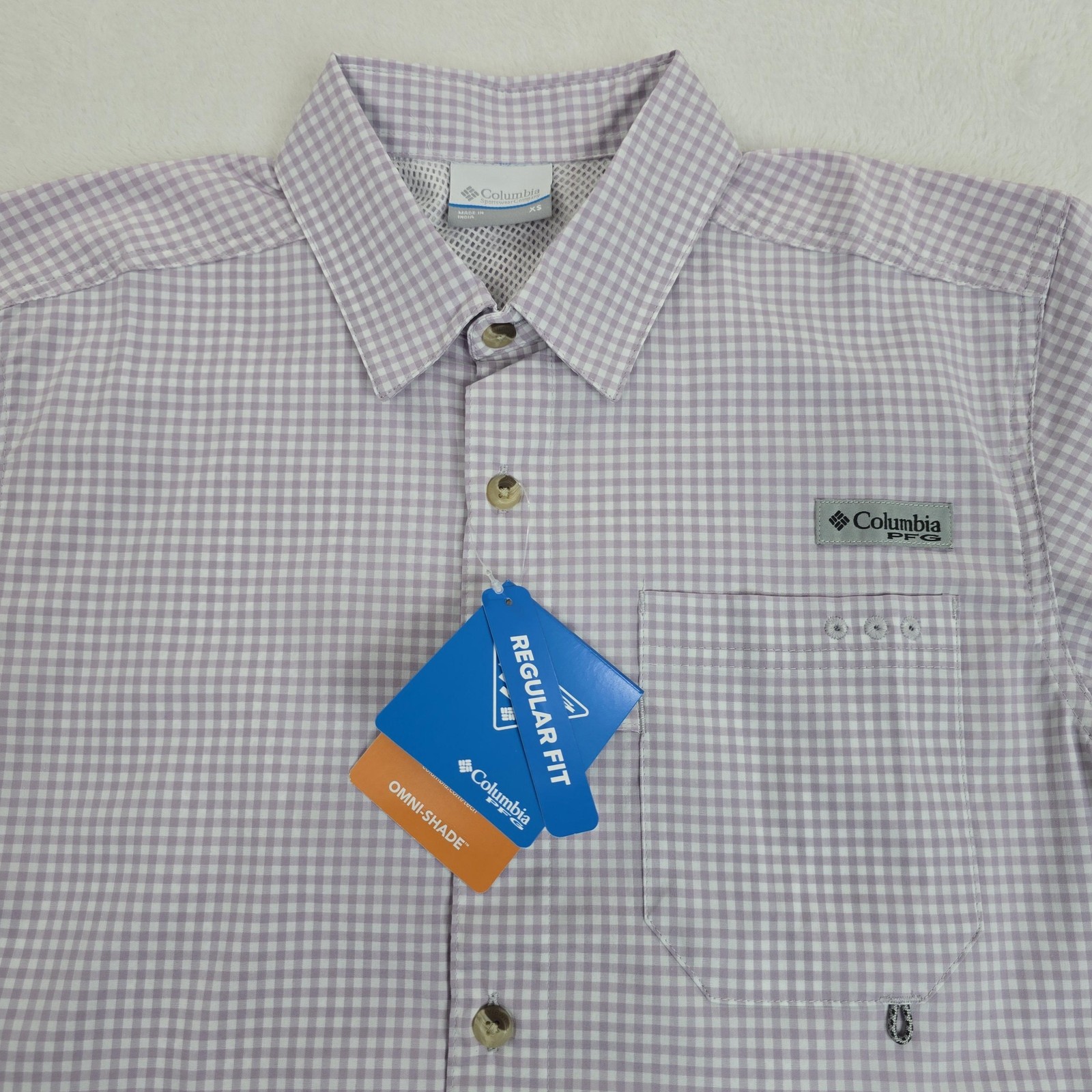 Columbia PFG Shirt Mens XS Purple Gingham Harbor Peak Omni-Shade Omni-Wick