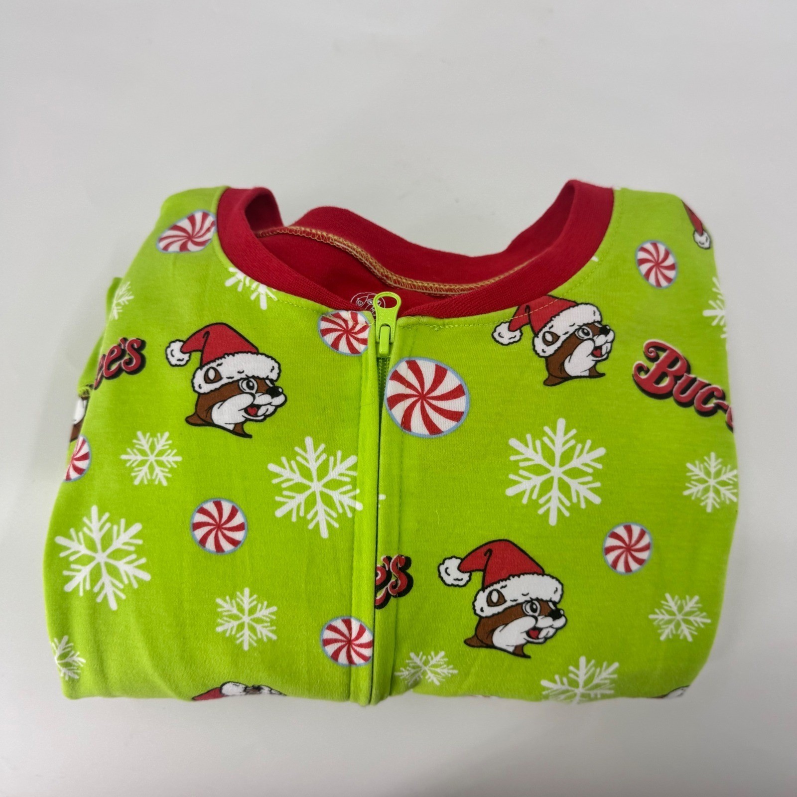 Buc-ee’s Christmas Union Suit Mens Medium Green Santa Beaver Zip Pajamas Flap