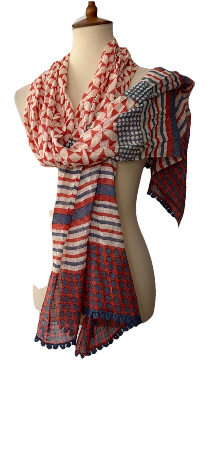 SPARTINA 449 Long Scarf (22”x75”) 100% Viscose Beige Orange Blue Trimmed NWT