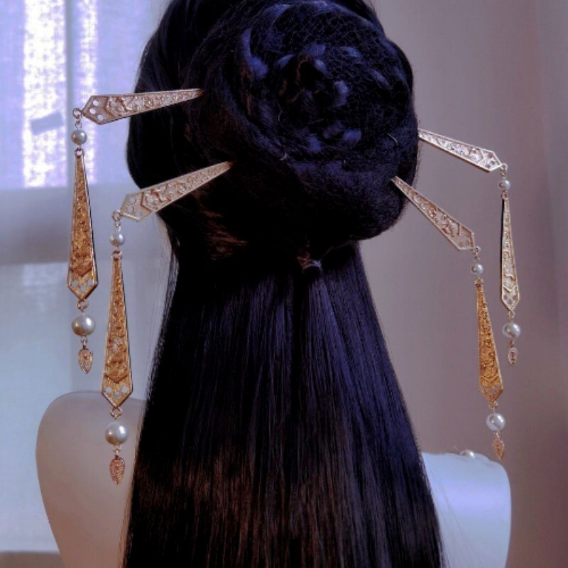 Long Gold Chinese Tassel Hairpin Accessories Ancient Headdress Headwear 4PCS