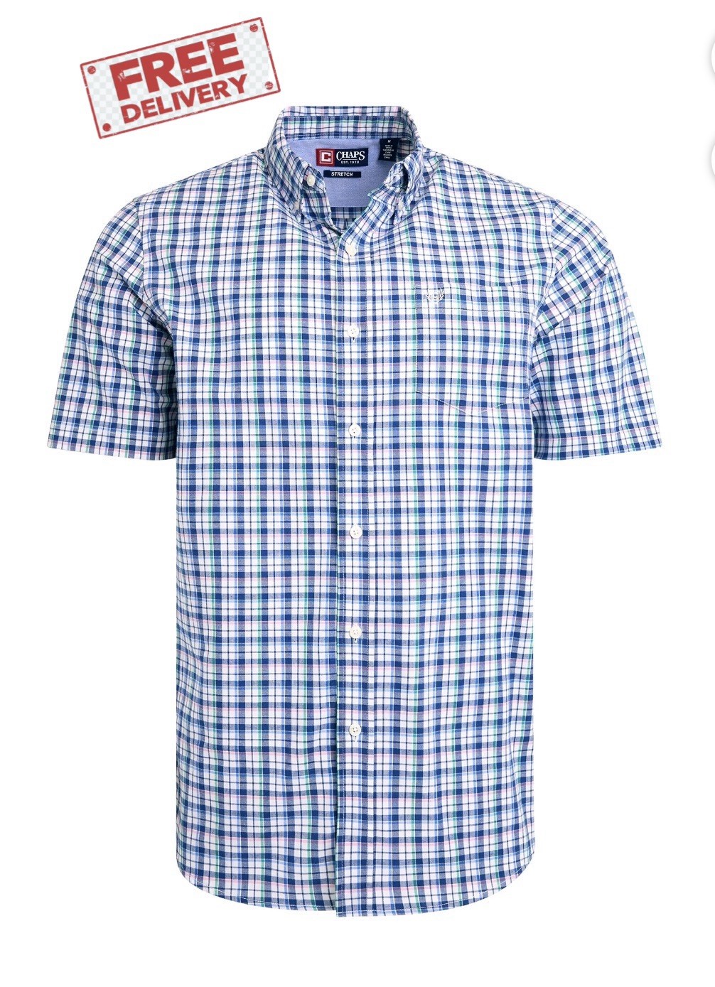Large Men’s Chaps Short Sleeve Stretch Easy Care Blue & White Button Down Shirt