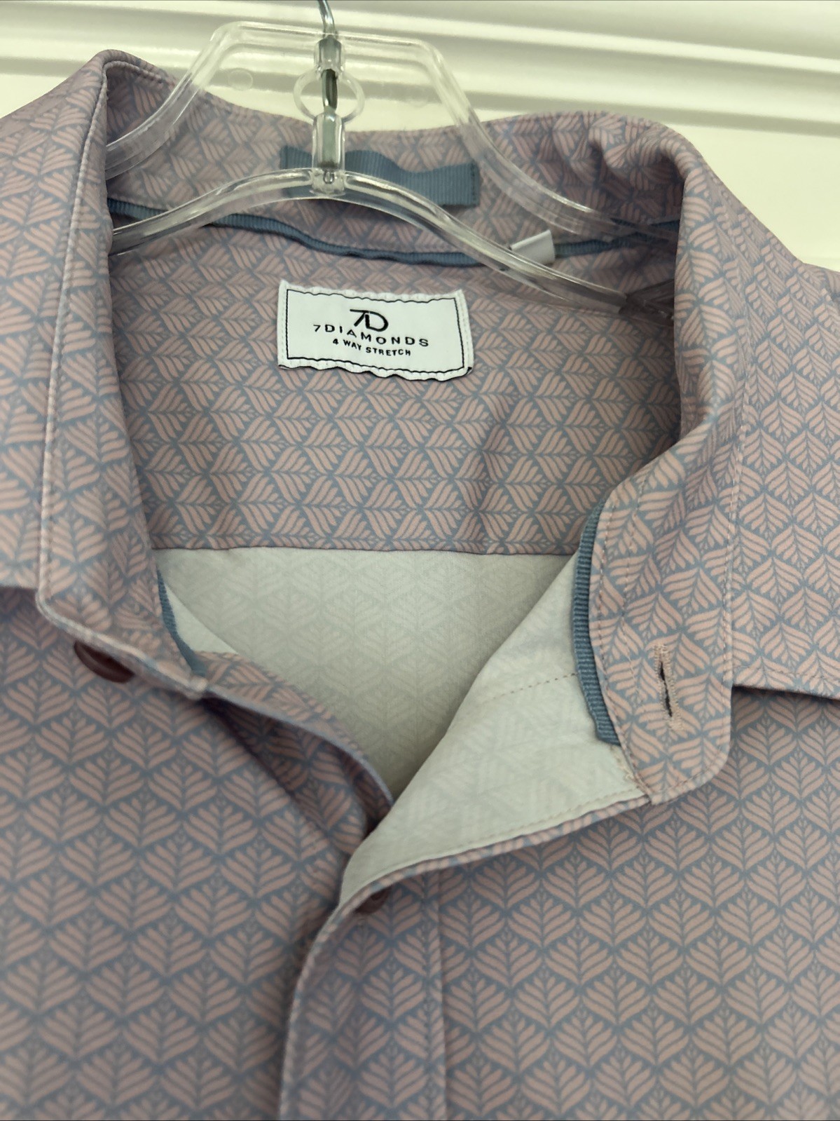 7D ~7 Diamonds Men’s 4 Way Stretch Button Down Short Sleeve Shirt ~Pink/Blue~ M