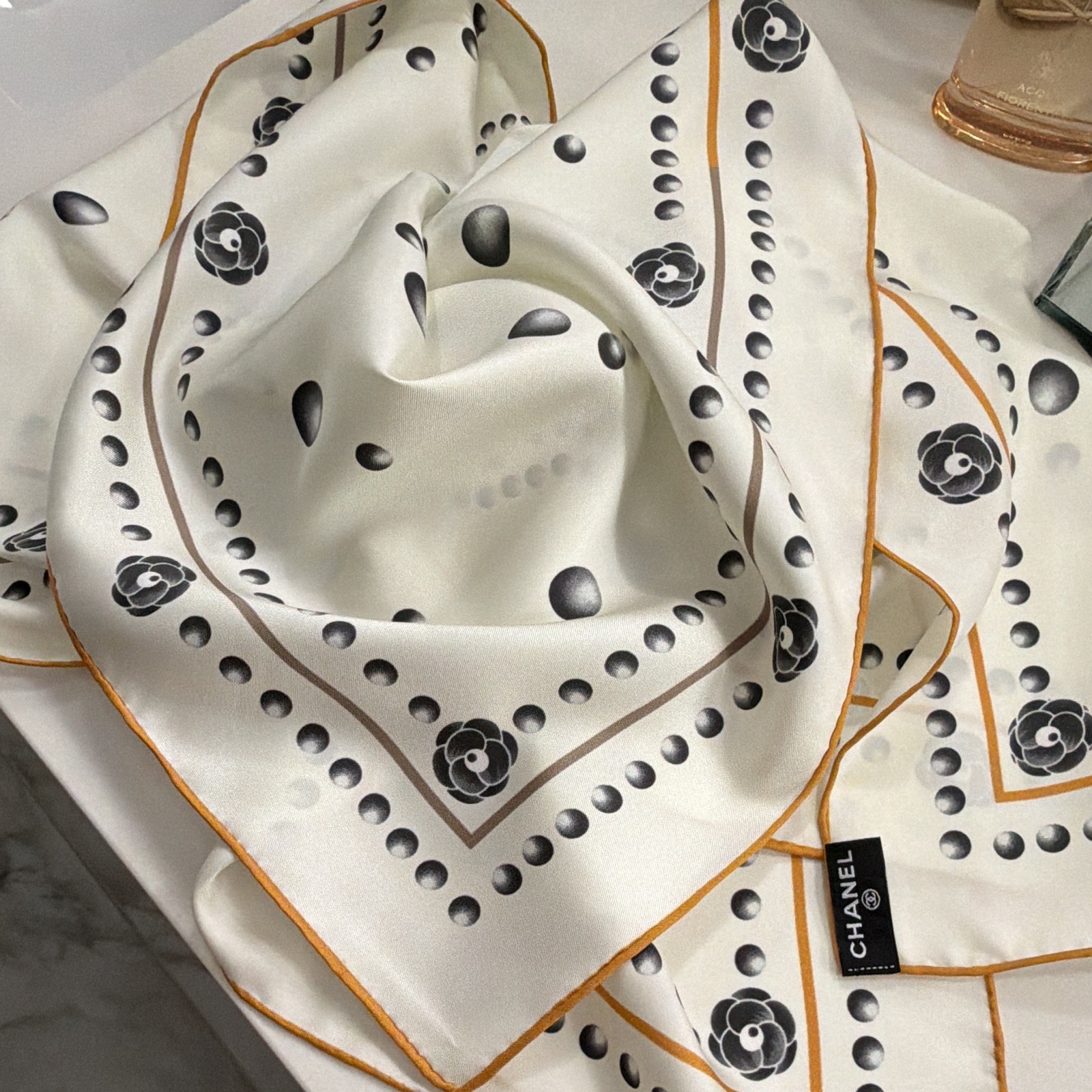 CHANEL White Silk Square Scarf Black Camellia Dot Floral Print Orange Trim
