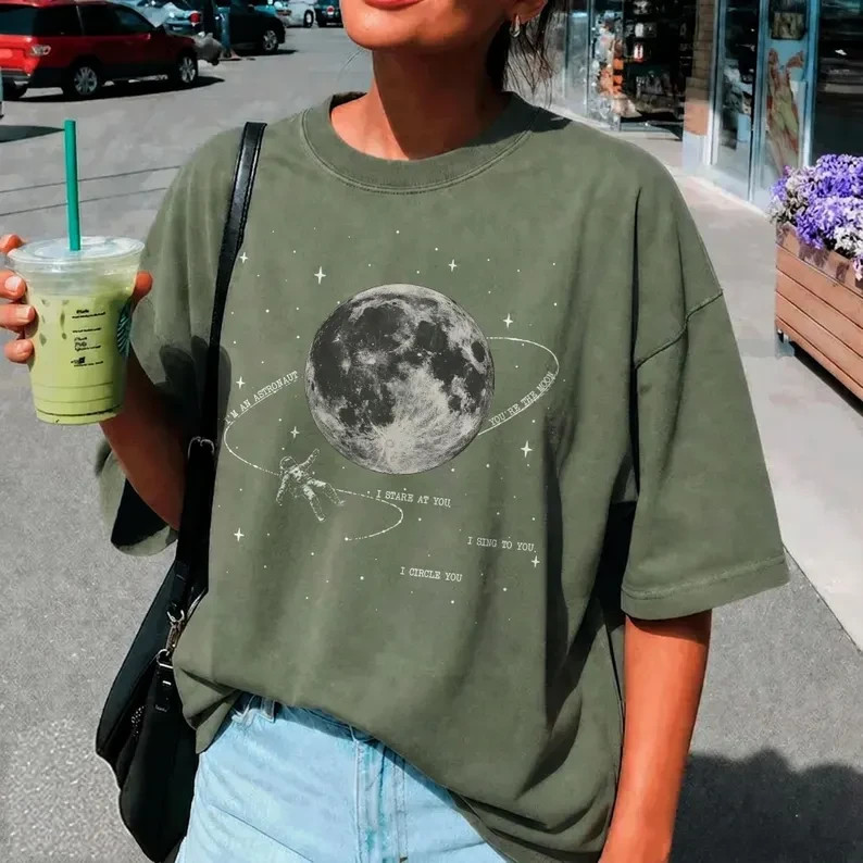Vintage Astronaut Moon Graphic Tee Retro Space Explorer Indie Folk Style Shirt