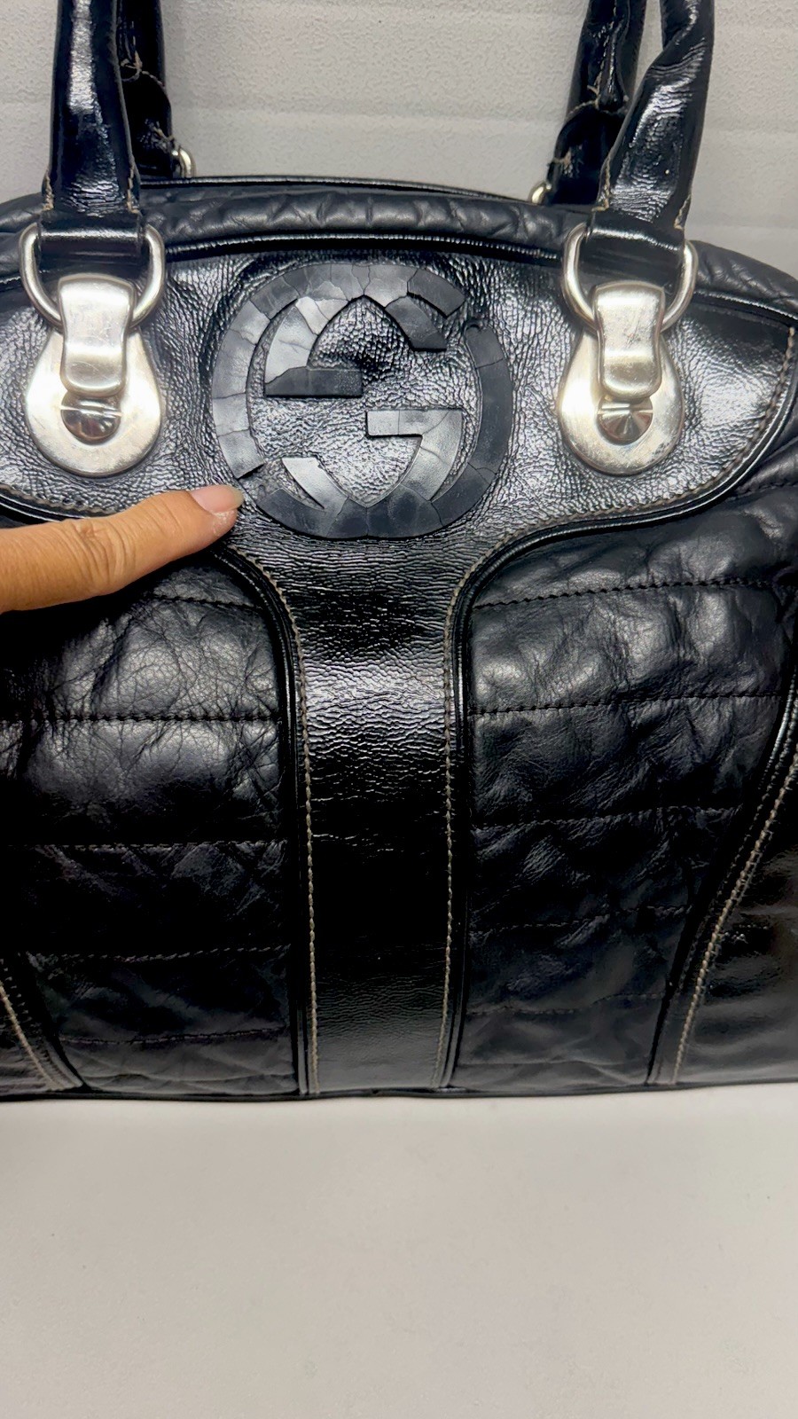 Auth. GUCCI SOFT PATENT LEATHER Bowler’ Snow Glam Handbag-SEE PICS/READ DESCRPTN