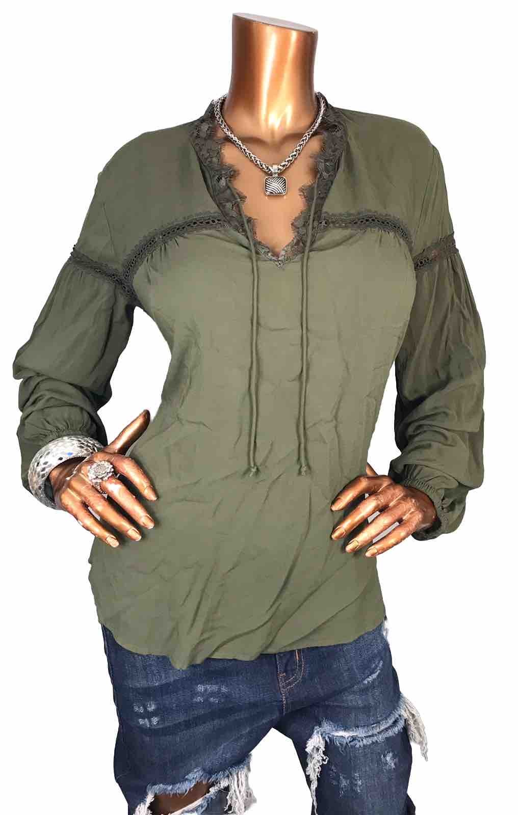 Express S Top Olive Green Lace Trims Low Cut Neck Tie Strings Blouse Soft LiteWt