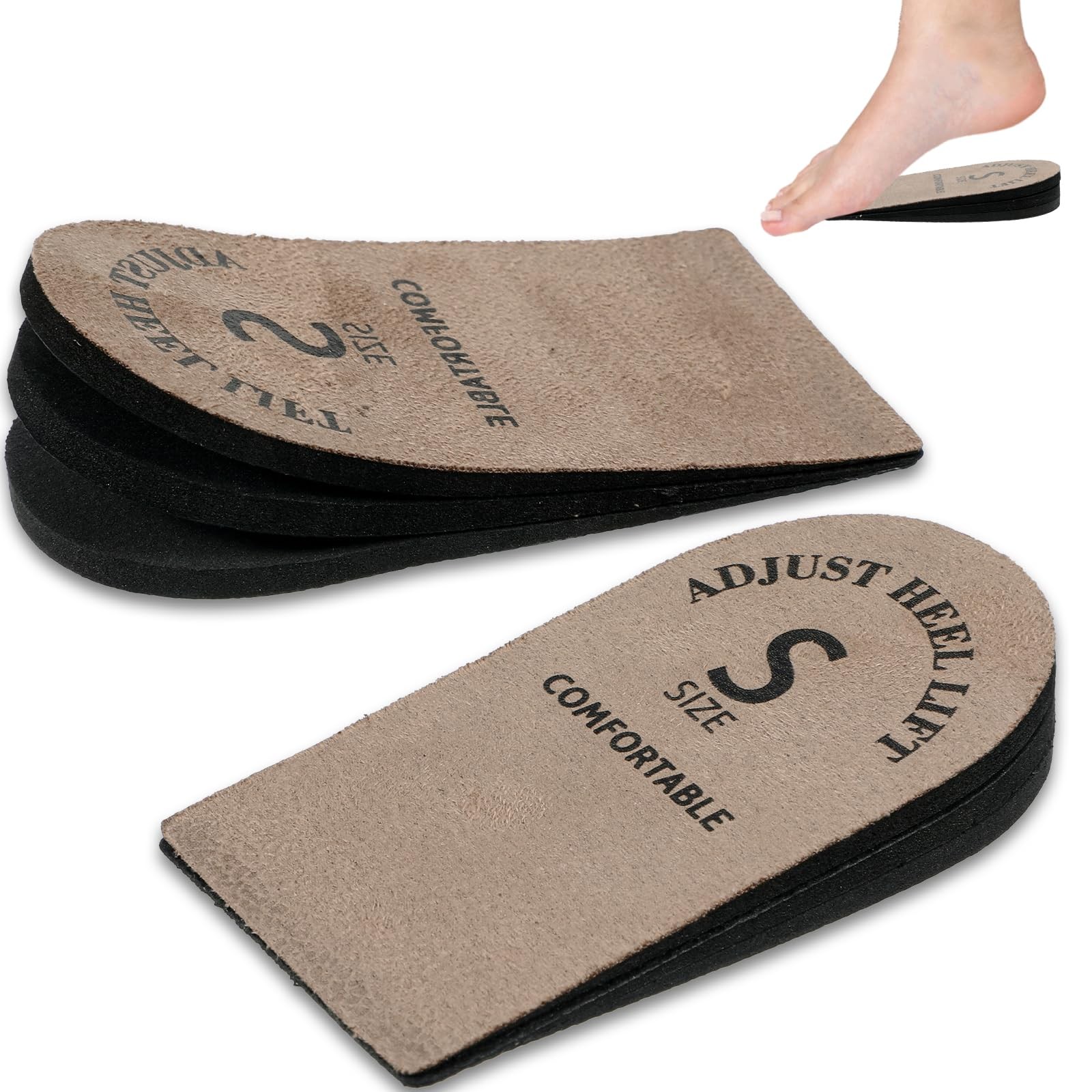 2 Pack Adjustable Heel Lifts, Brown Shoe Inserts (Small), Cushioned Comfort Pads