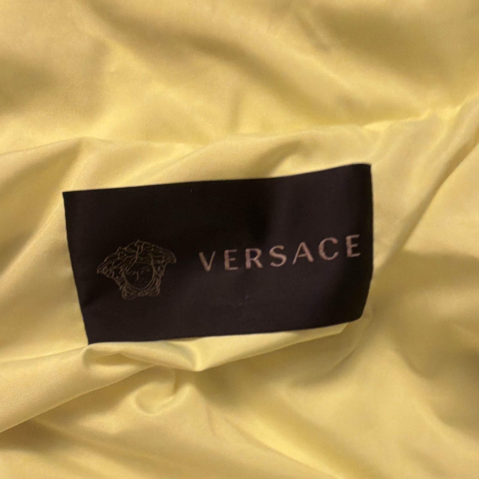Versace Men’s Yellow Hooded Down Puffer Jacket Full Zip Logo Trim Size 52