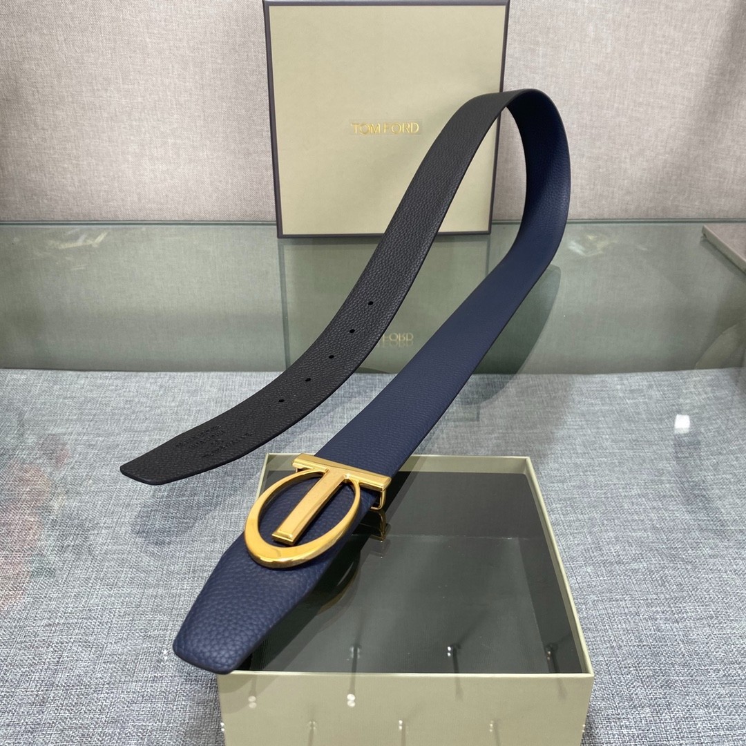 Tom Ford Men’s Reversible Leather Oval-T-Buckle Belt Blue/Black
