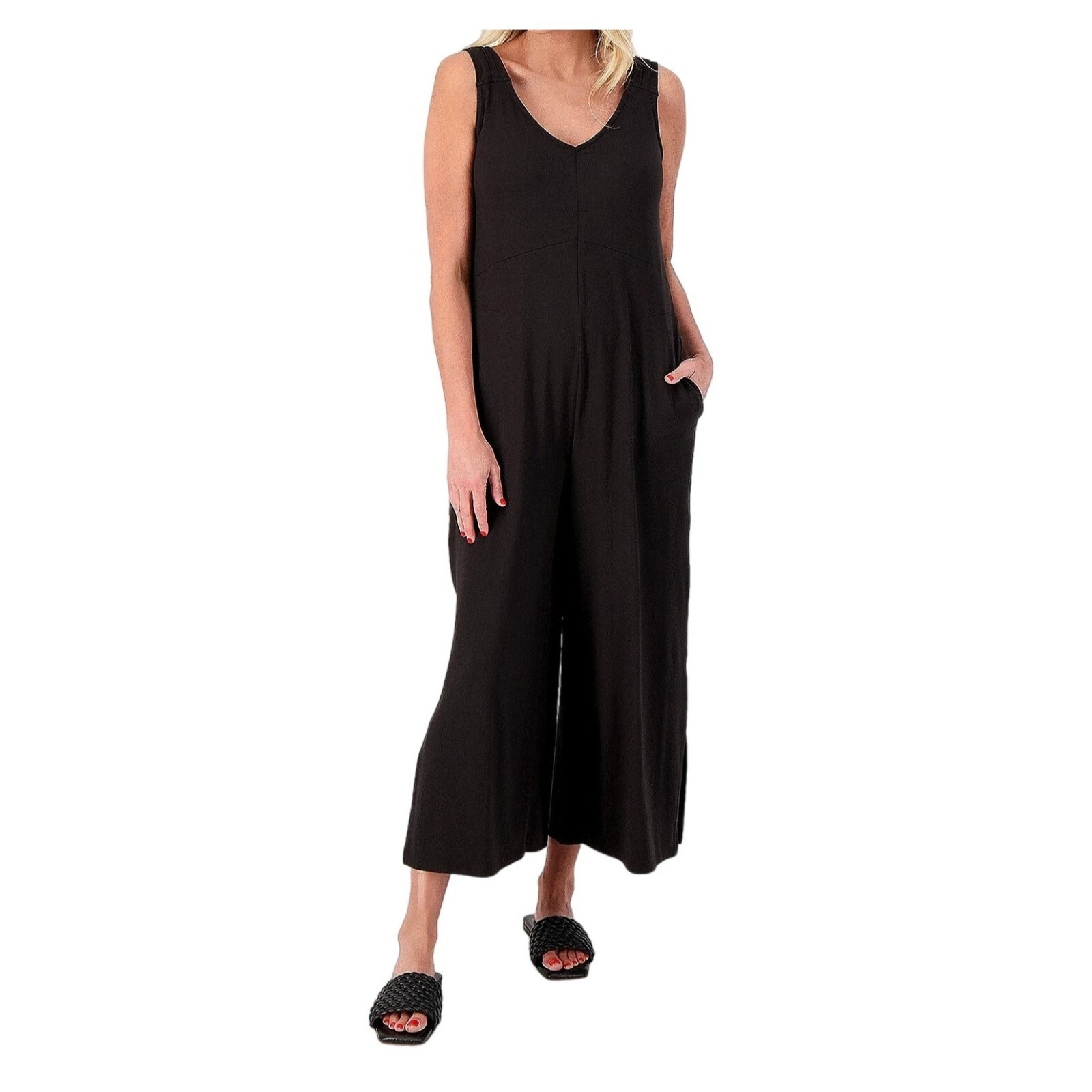 Cuddl Duds Regular Wide Leg Flexwear v-Neck Jumpsuit Black Medium A587647