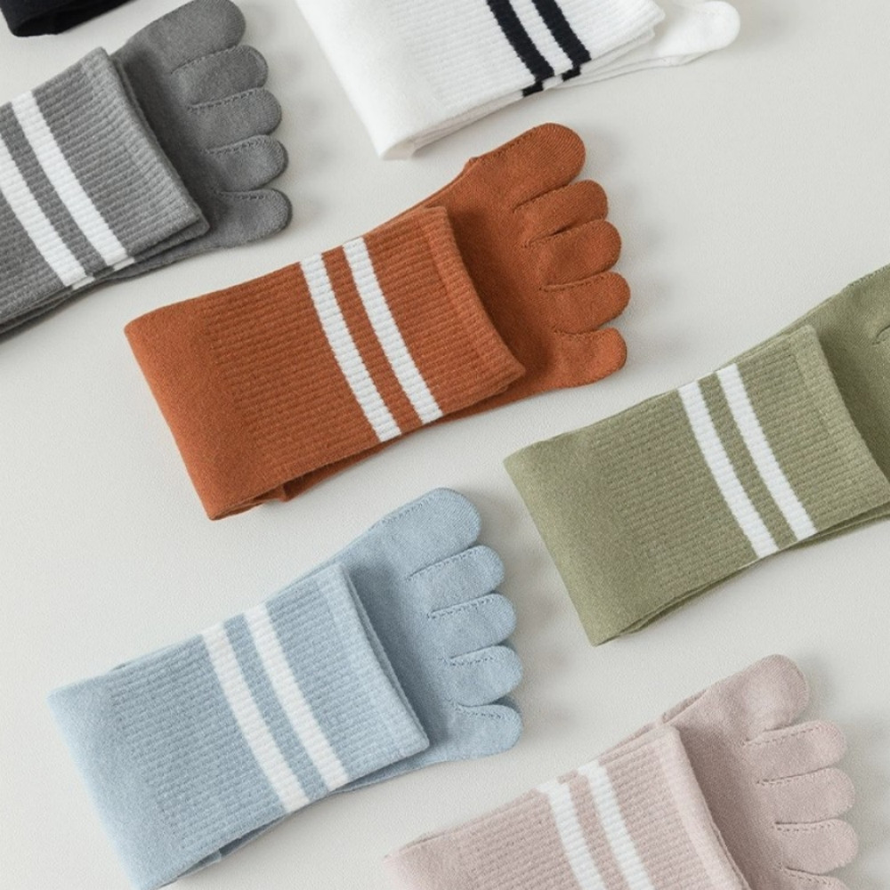 Women Crew Ankle Five Finger Toe Striped Solid Casual Girls Cotton Socks 5Pairs