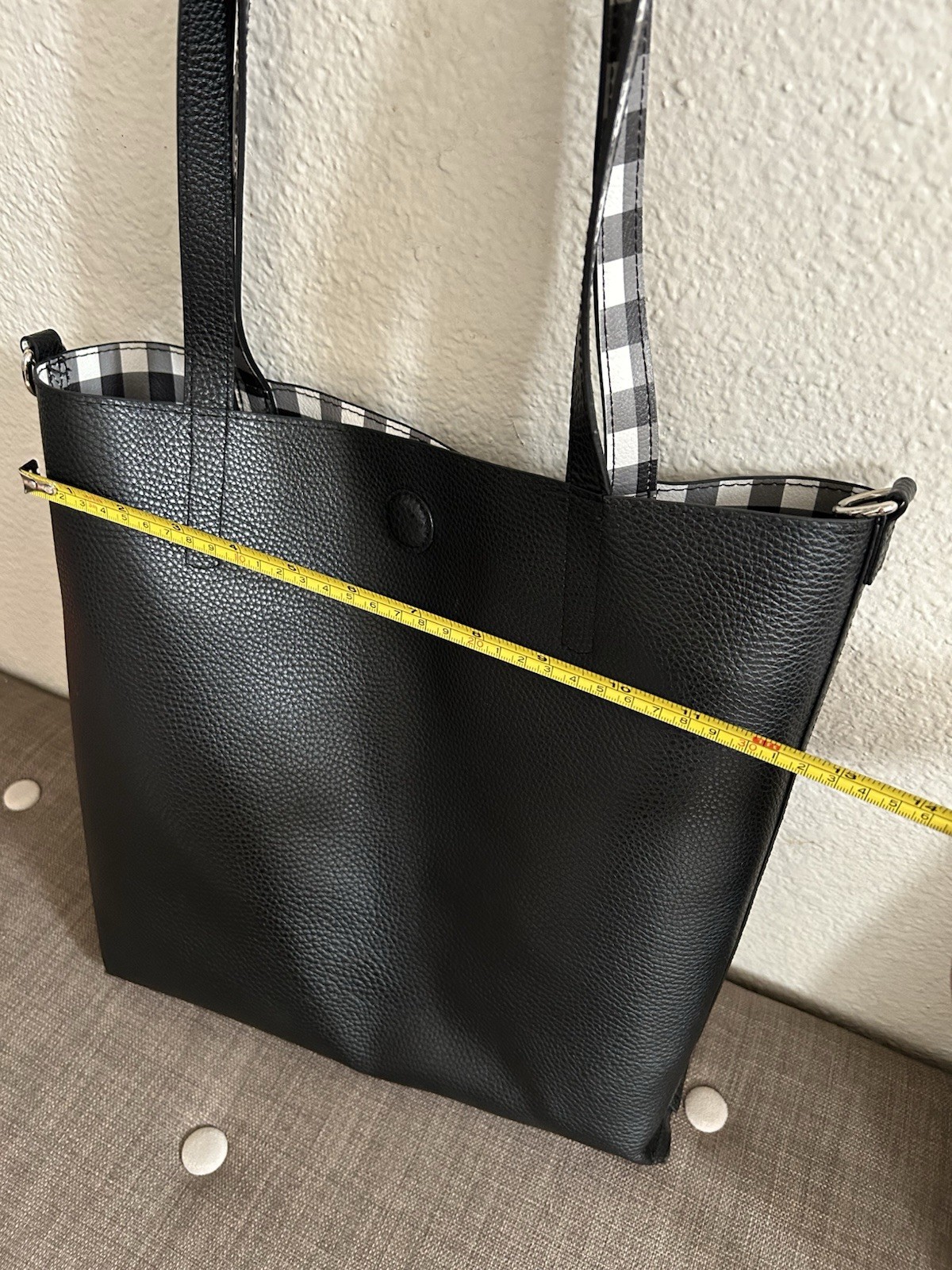 Black Pebbled Tote Bag Checkered Lining Button Closure Inner Pockets Silver
