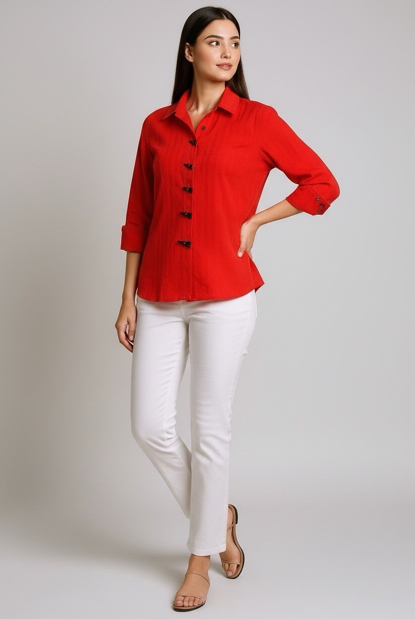 Multiples Red Woven Rayon Nylon Solid Collared Button Front 3/4 Blouse PL